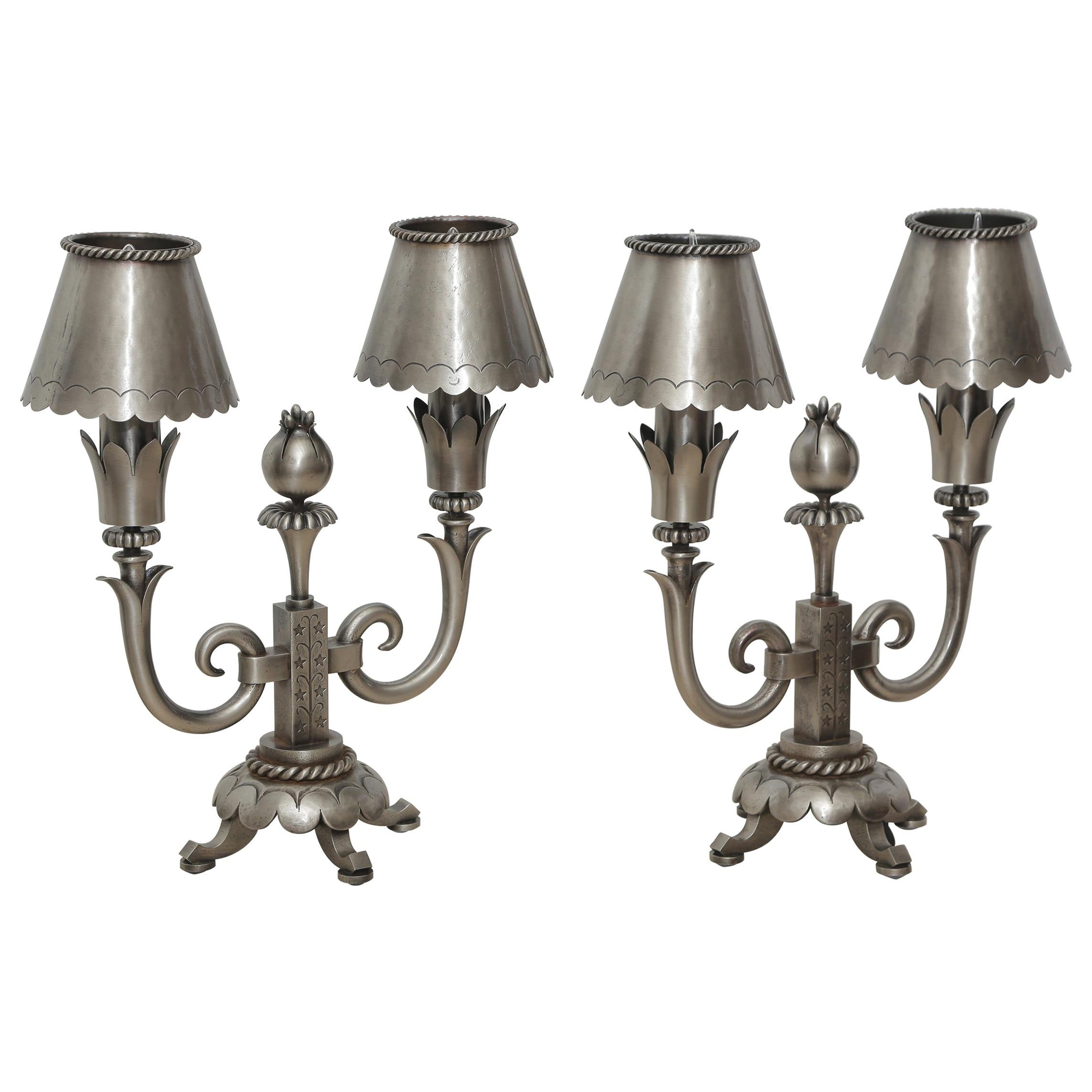 Pair of Midcentury Polished Wrought Iron Table Lamps Attributed to Poillerat