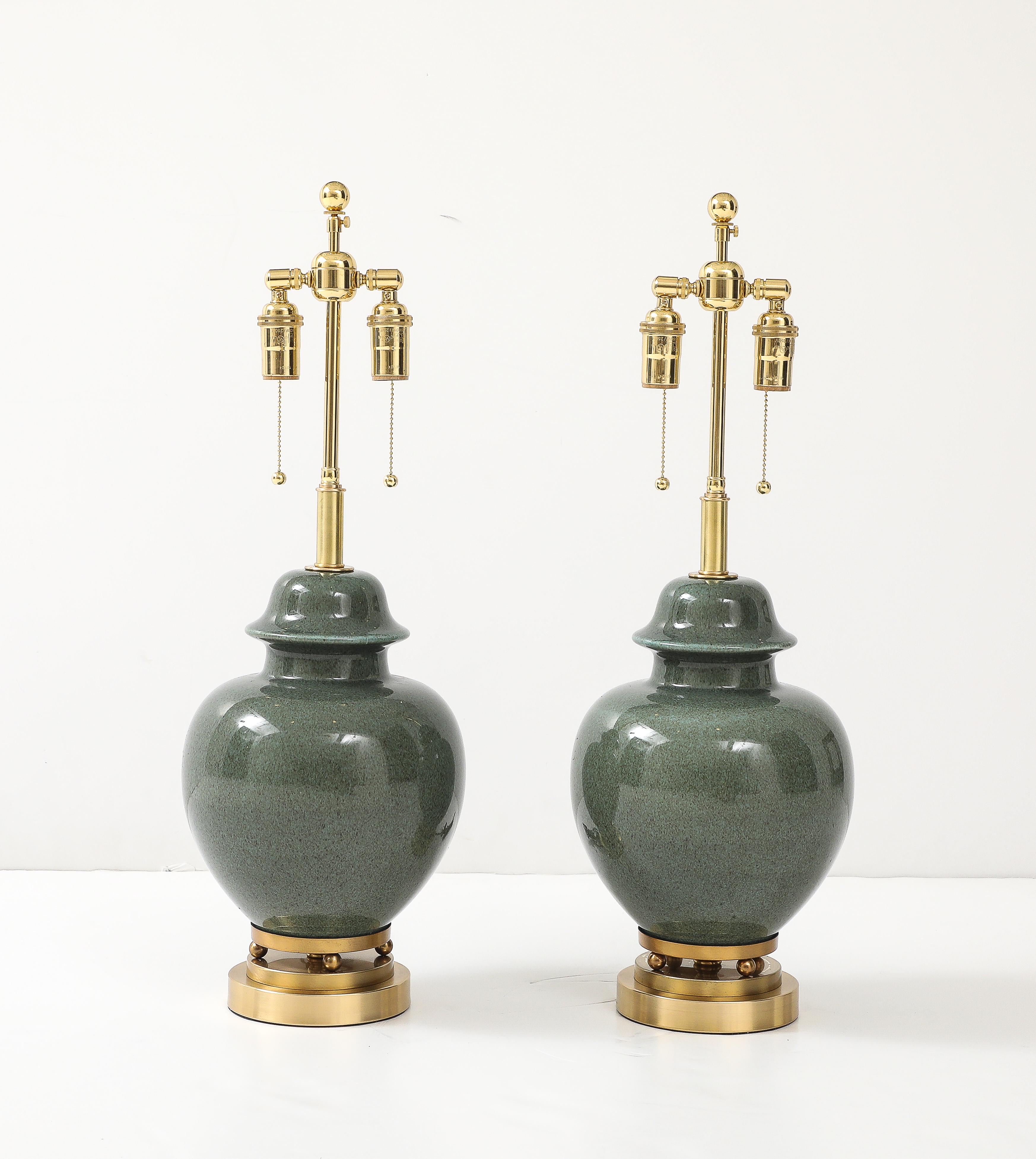 Mid-Century Modern 1940's Pair of Moss Green Glazed Ceramic Ginger Jar Lamps For Sale