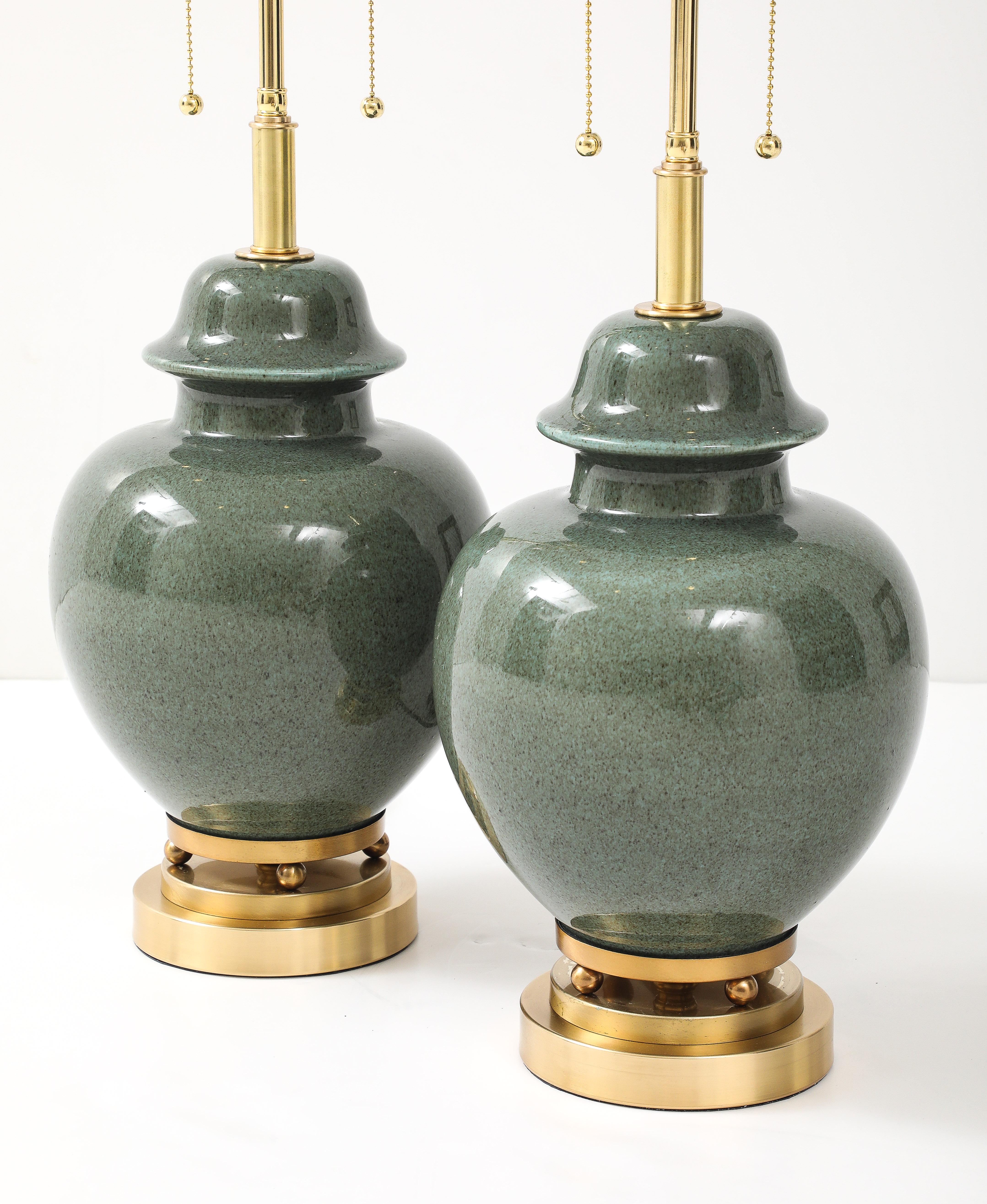 American 1940's Pair of Moss Green Glazed Ceramic Ginger Jar Lamps For Sale