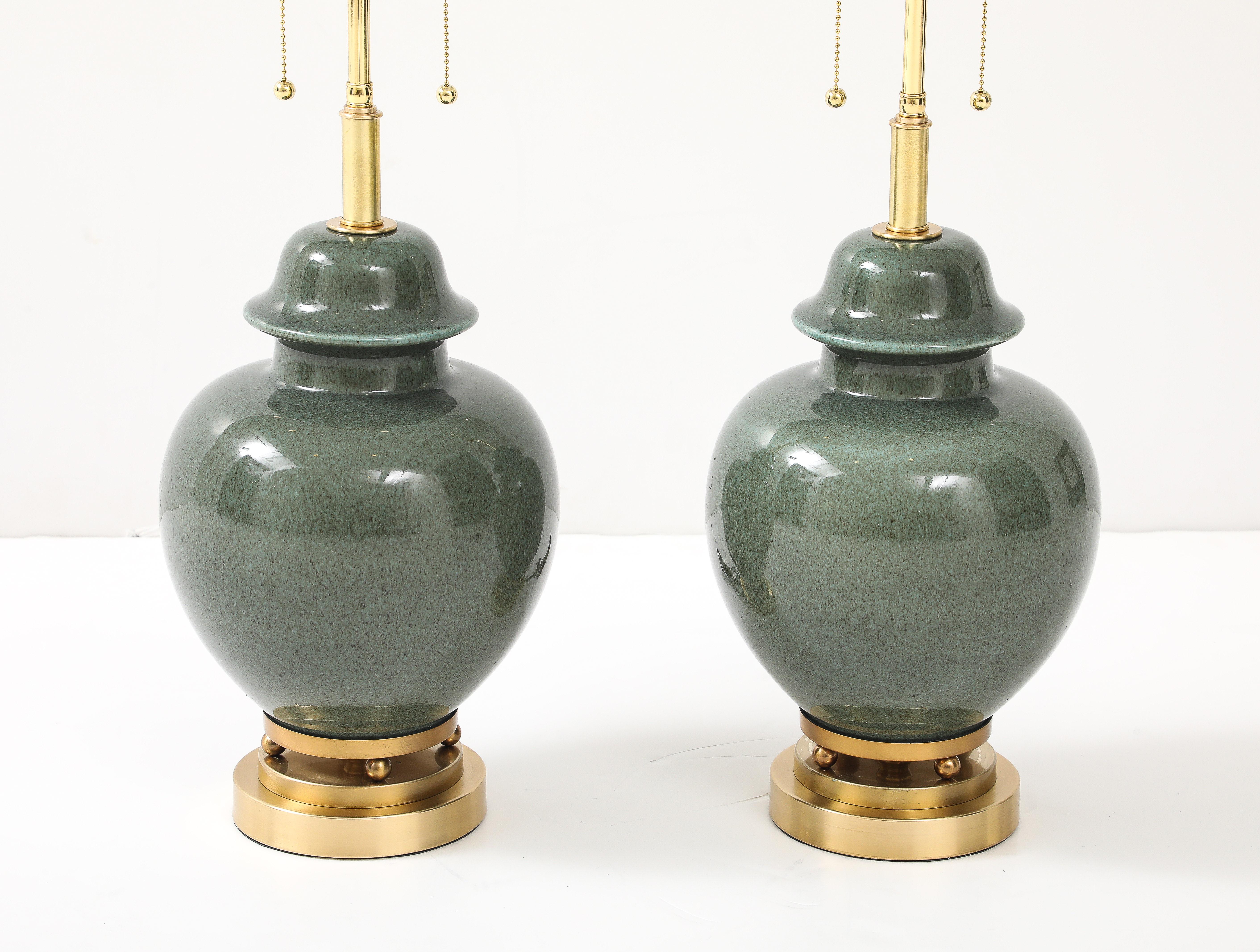 1940's Pair of Moss Green Glazed Ceramic Ginger Jar Lamps In Excellent Condition For Sale In New York, NY