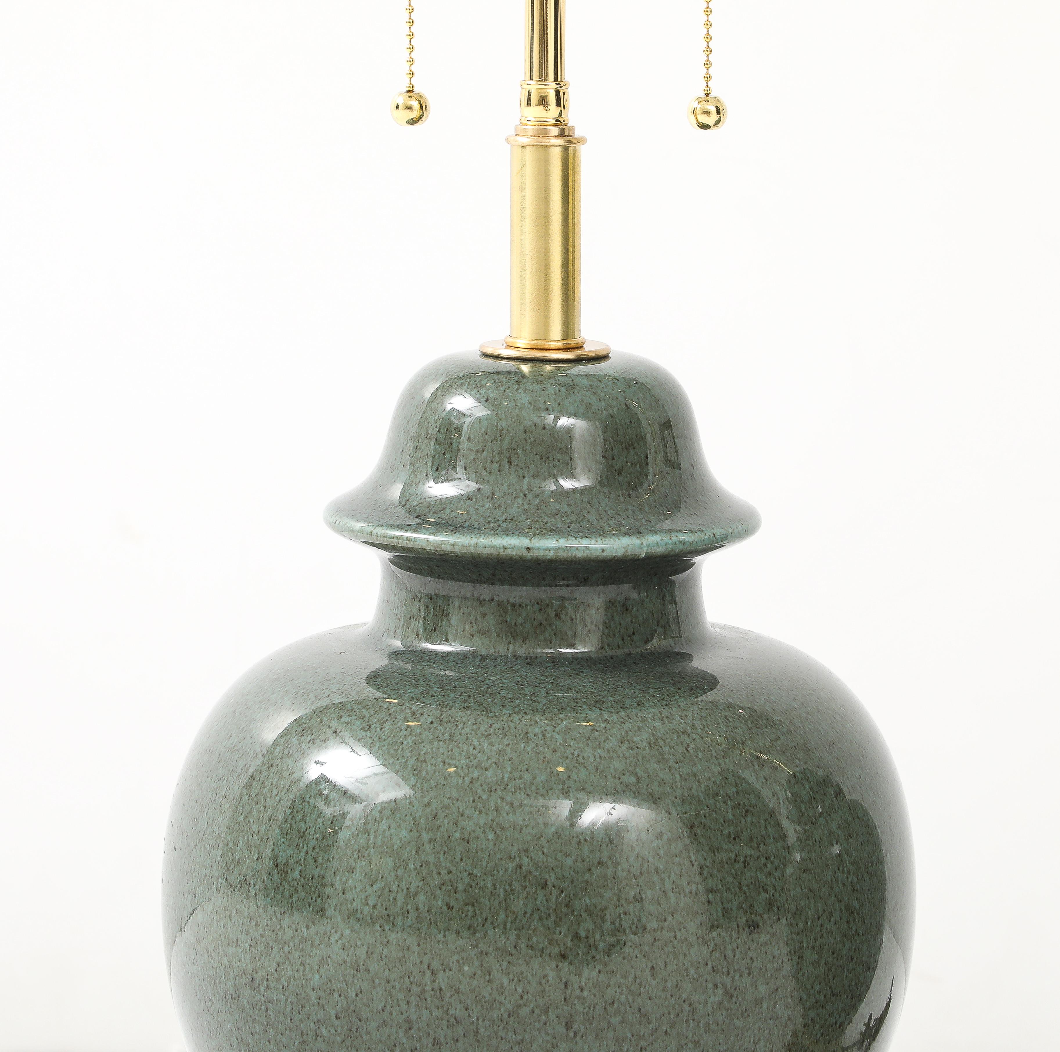 Mid-20th Century 1940's Pair of Moss Green Glazed Ceramic Ginger Jar Lamps For Sale