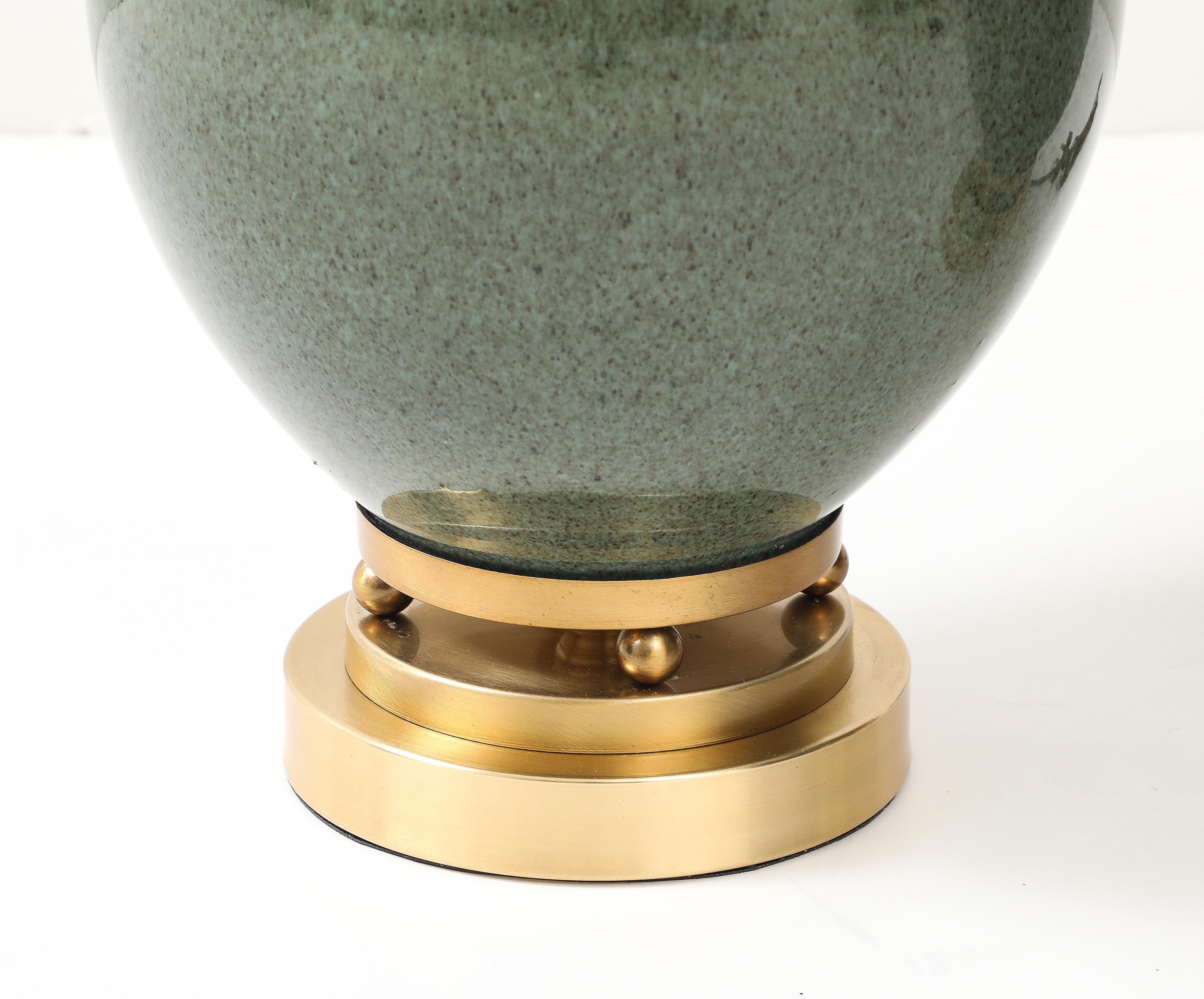 Brass 1940's Pair of Moss Green Glazed Ceramic Ginger Jar Lamps For Sale