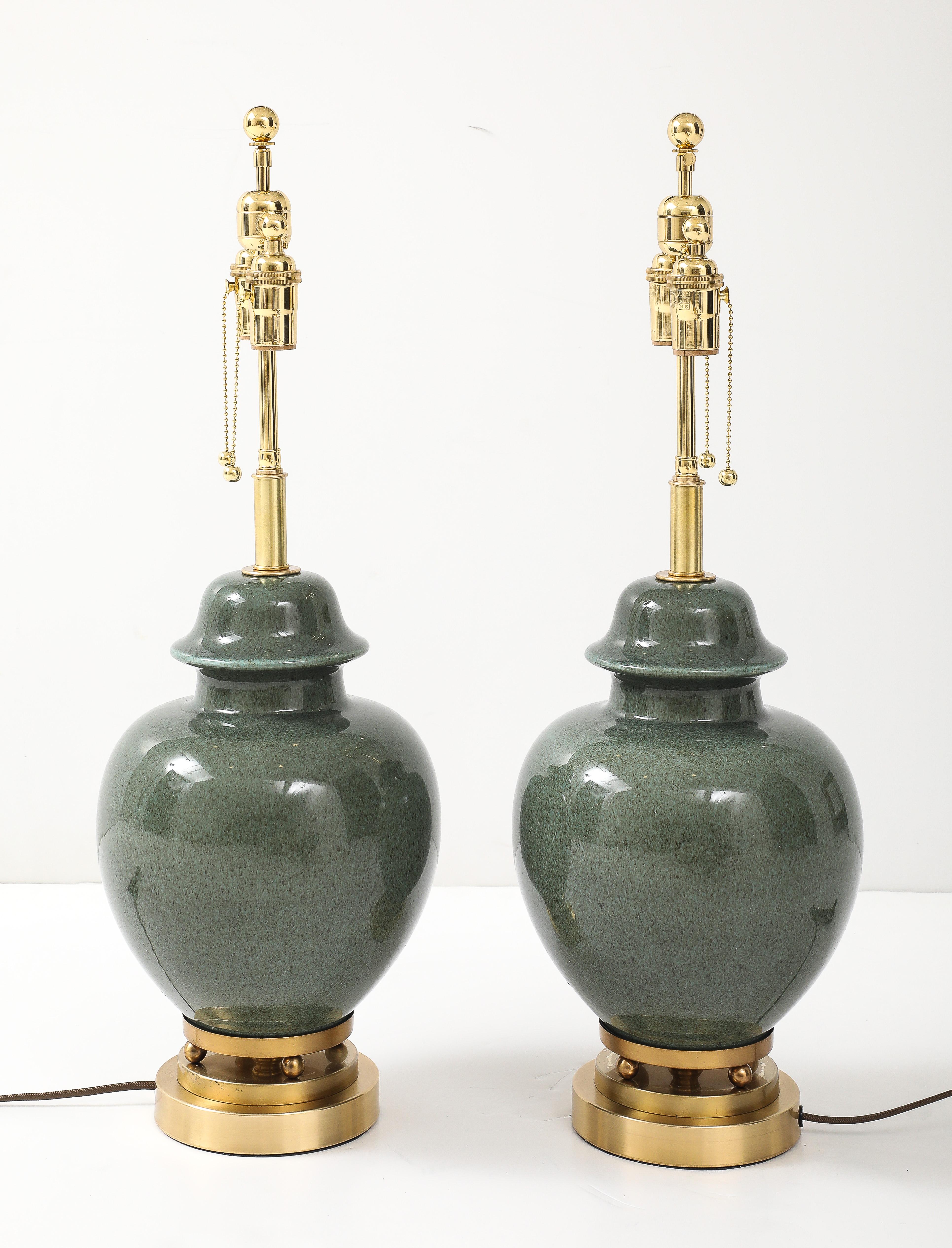 1940's Pair of Moss Green Glazed Ceramic Ginger Jar Lamps For Sale 1