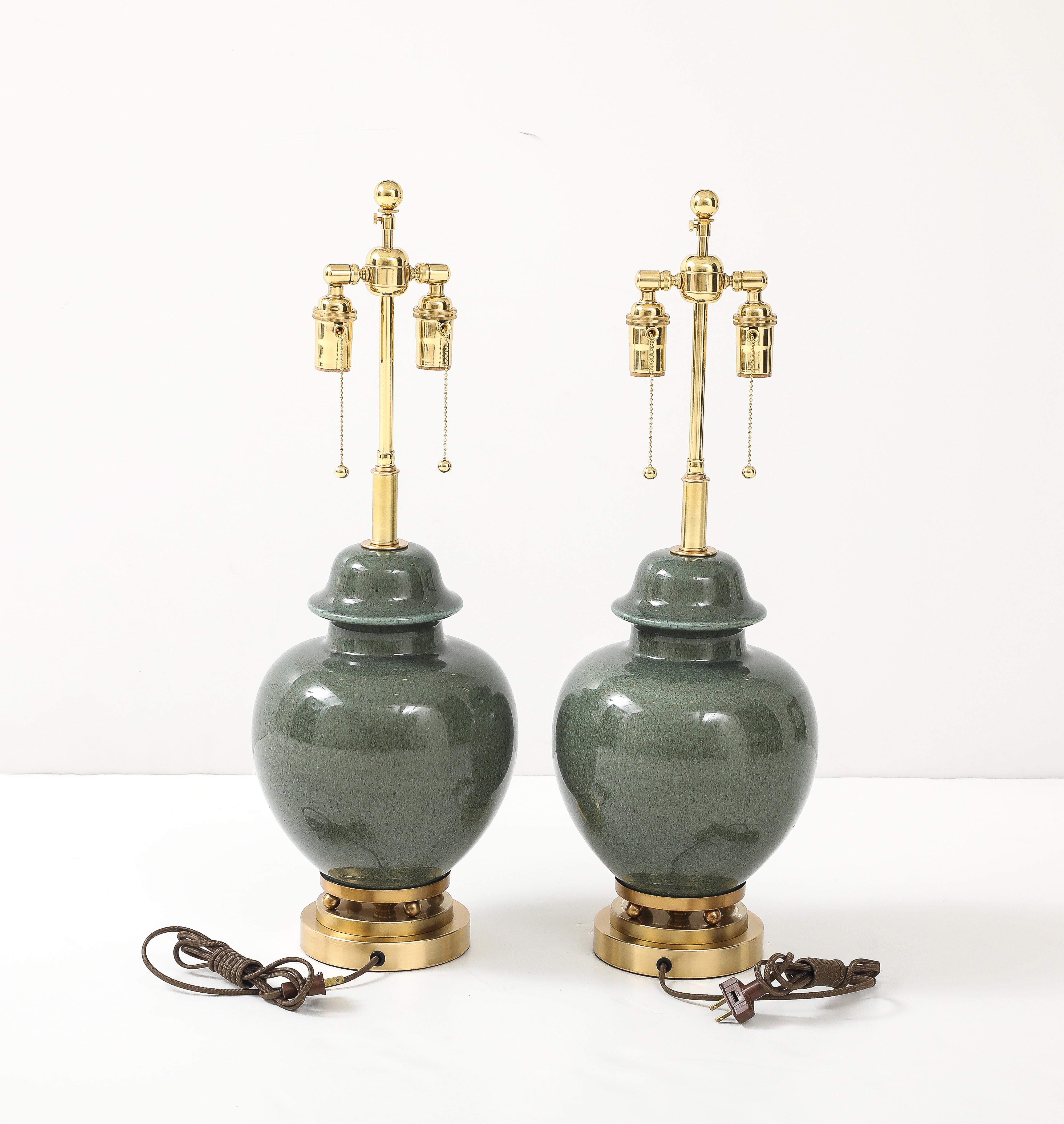 1940's Pair of Moss Green Glazed Ceramic Ginger Jar Lamps For Sale 2