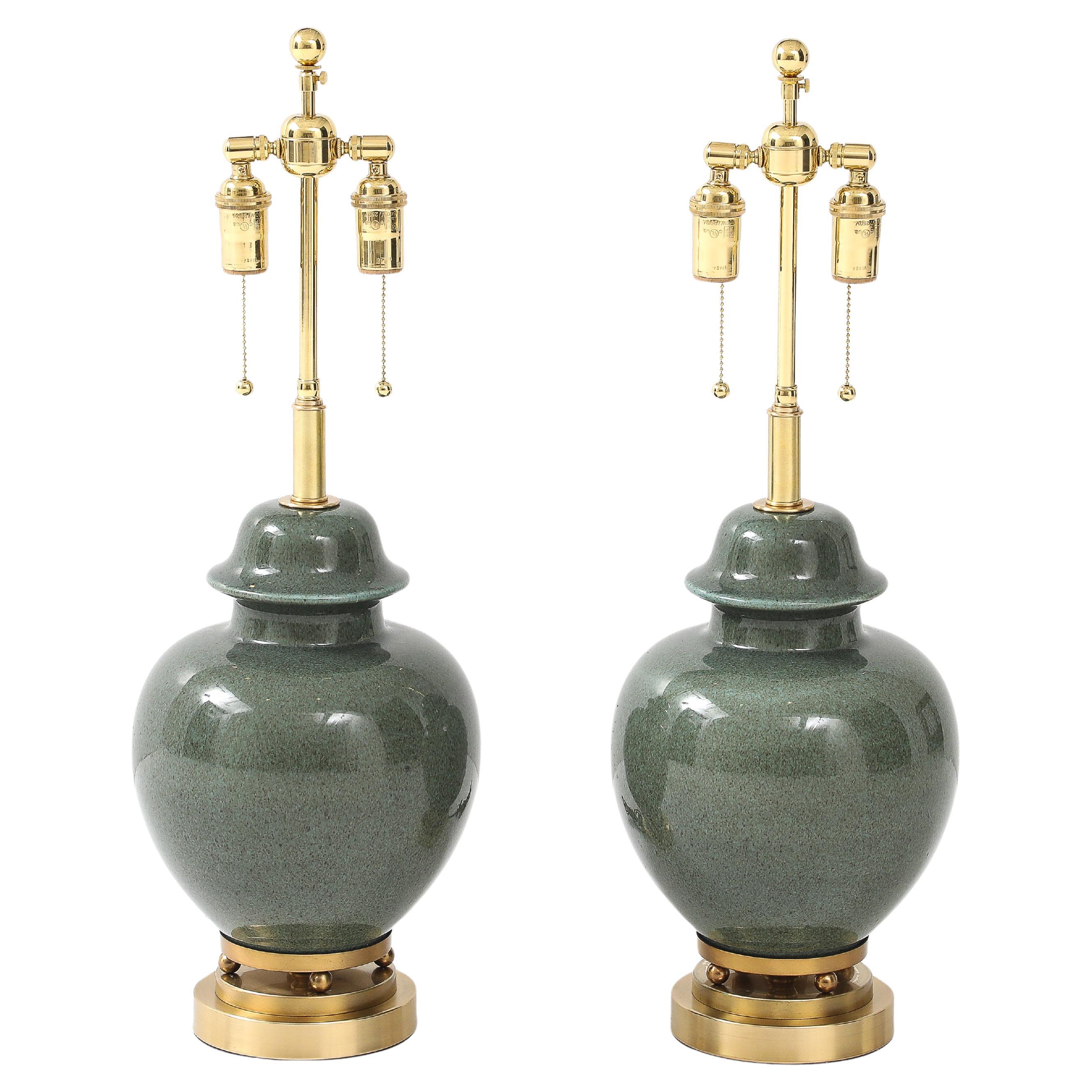 1940's Pair of Moss Green Glazed Ceramic Ginger Jar Lamps