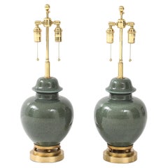 1940's Pair of Moss Green Glazed Ceramic Ginger Jar Lamps
