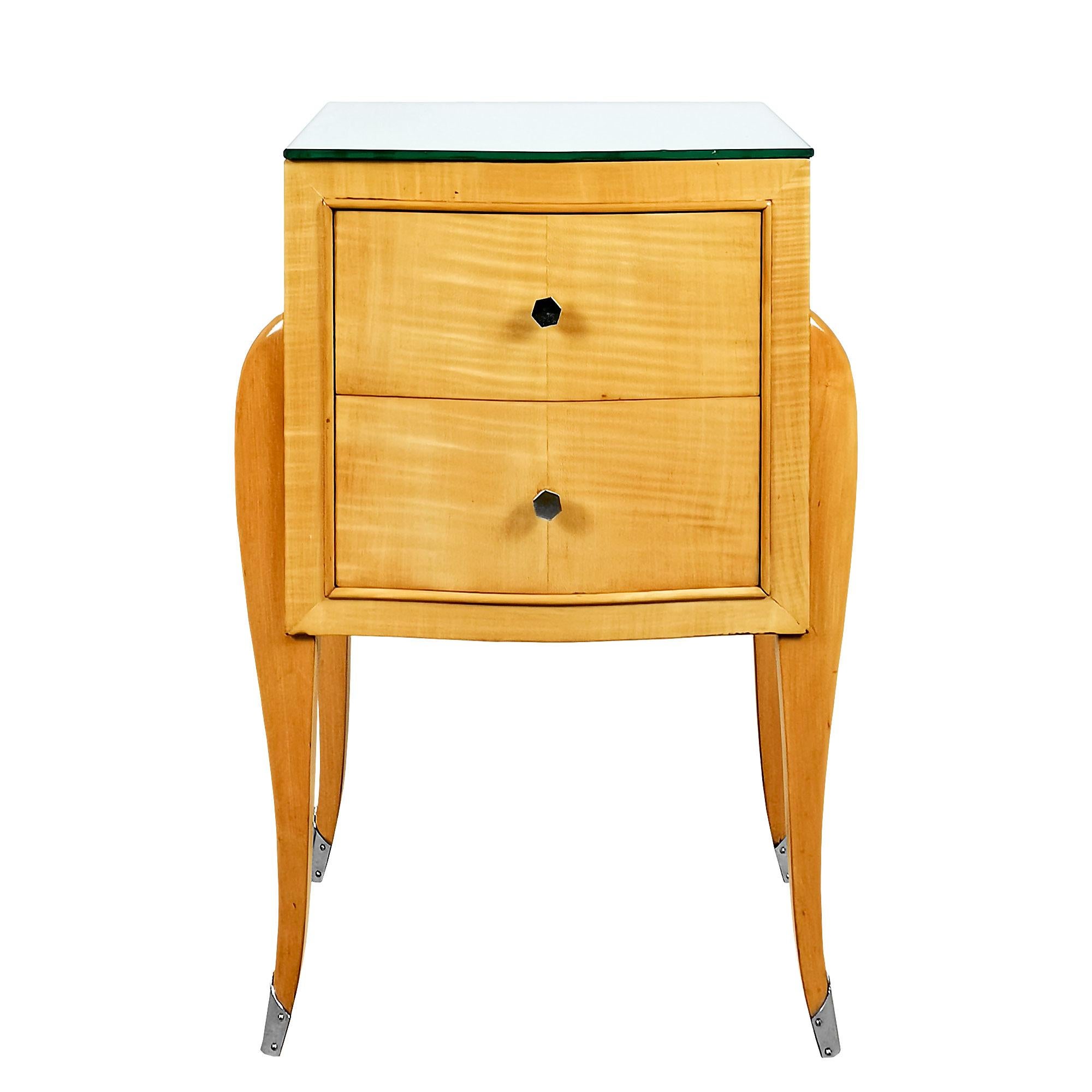French Pair of Mid-Century Modern Sycamore Night Stands With Mirror Top - France, 1940s For Sale
