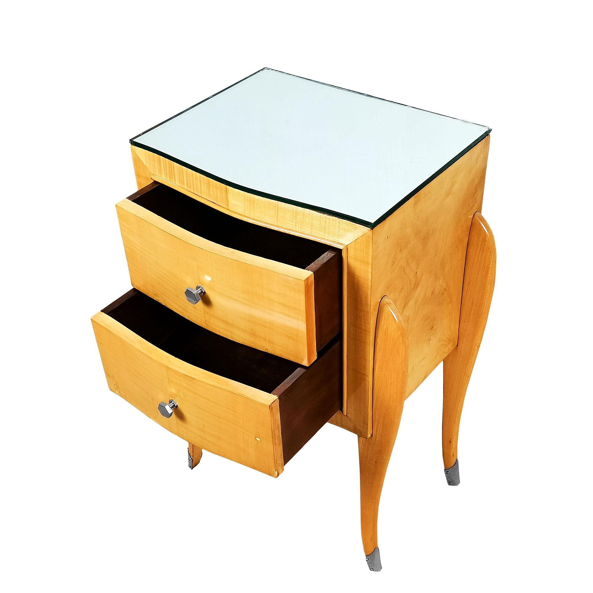 Brass Pair of Mid-Century Modern Sycamore Night Stands With Mirror Top - France, 1940s For Sale