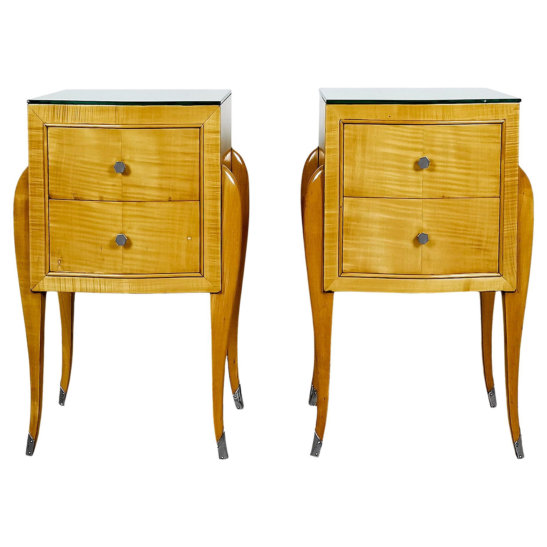 Pair of Mid-Century Modern Sycamore Night Stands With Mirror Top - France, 1940s For Sale