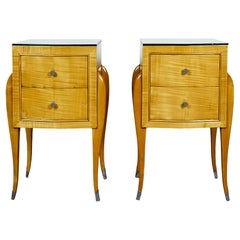 Vintage Pair of Mid-Century Modern Sycamore Night Stands With Mirror Top - France, 1940s