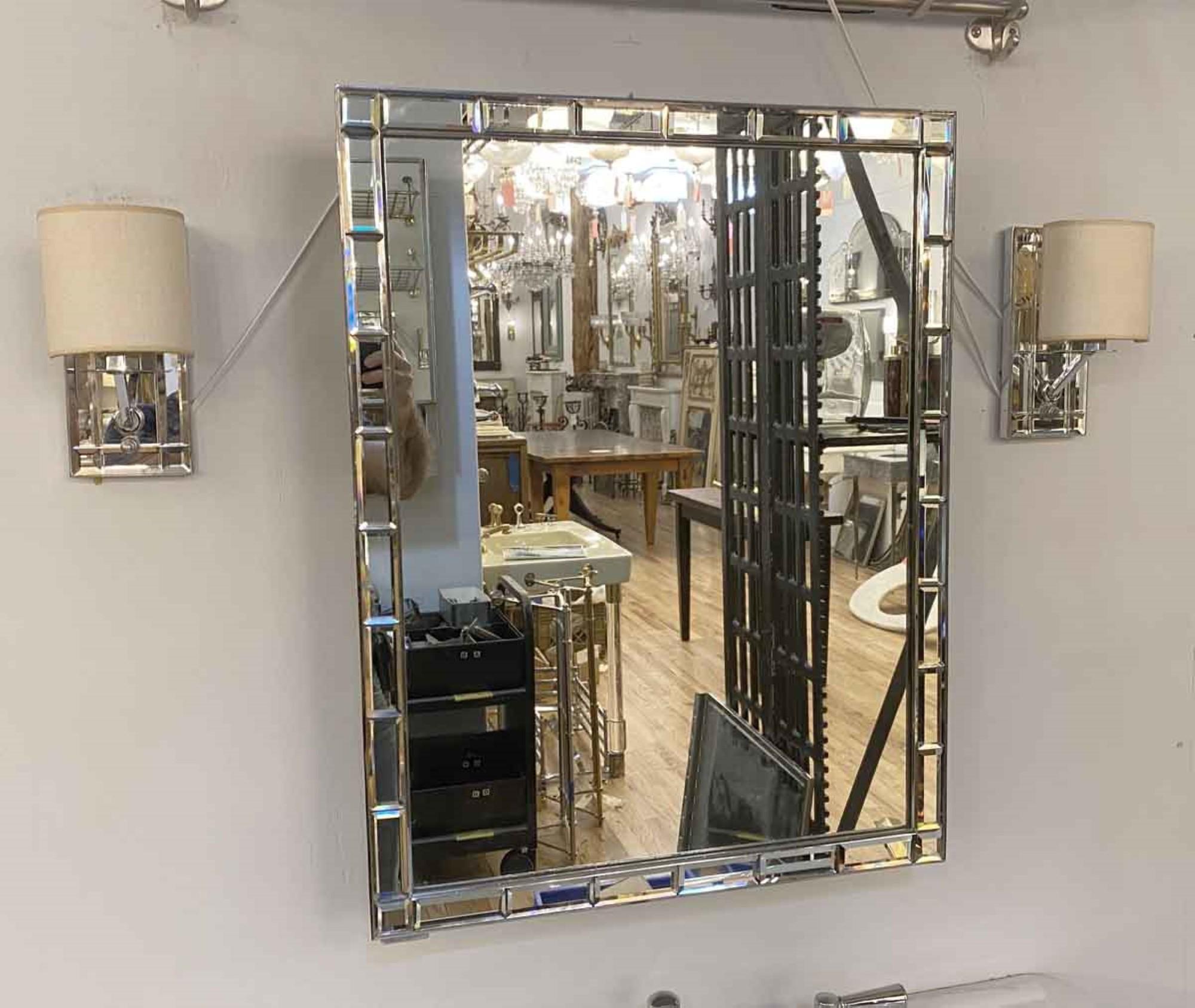 1940s Pair of Sconces with Beveled Edge Mirrors and Done in Polished Nickel 1