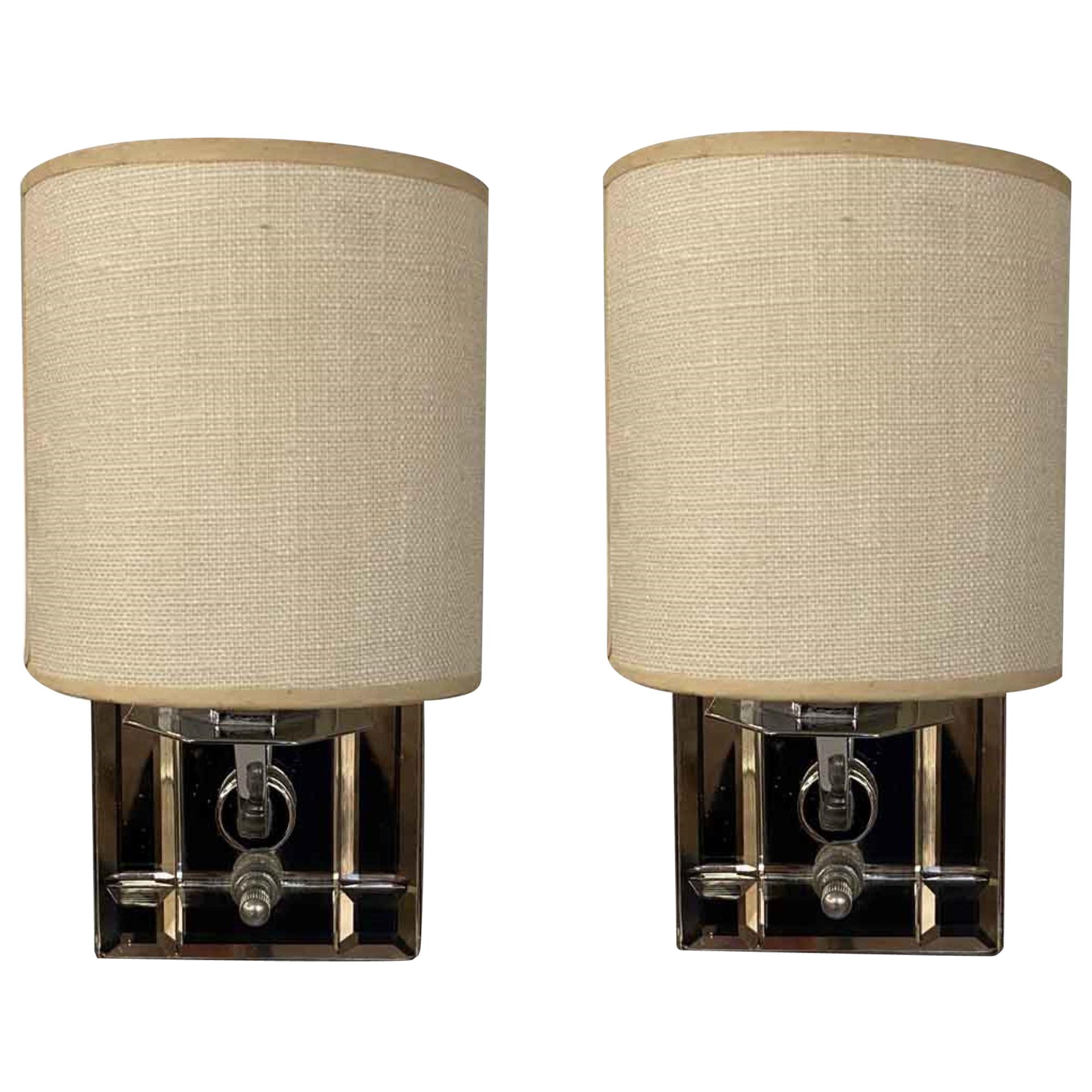 1940s Pair of Sconces with Beveled Edge Mirrors and Done in Polished Nickel