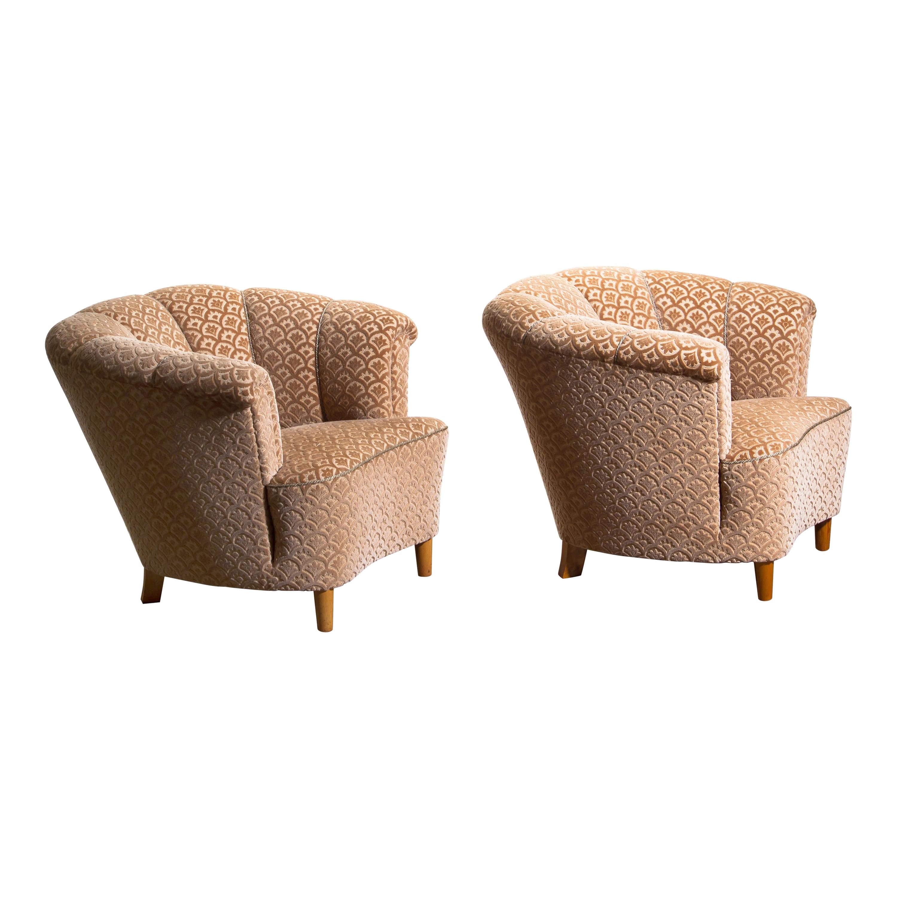 Mid-Century Modern 1940s, Pair of Shell Back Club Lounge Cocktail Chairs from Sweden