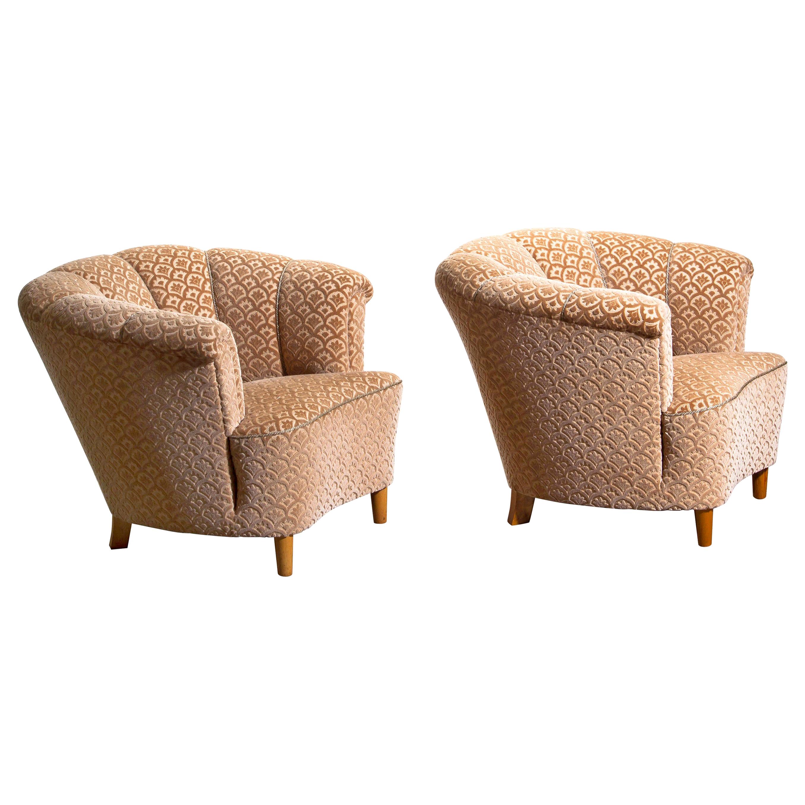 Mid-Century Modern 1940s, Pair of Shell Back Club Lounge Cocktail Chairs from Sweden
