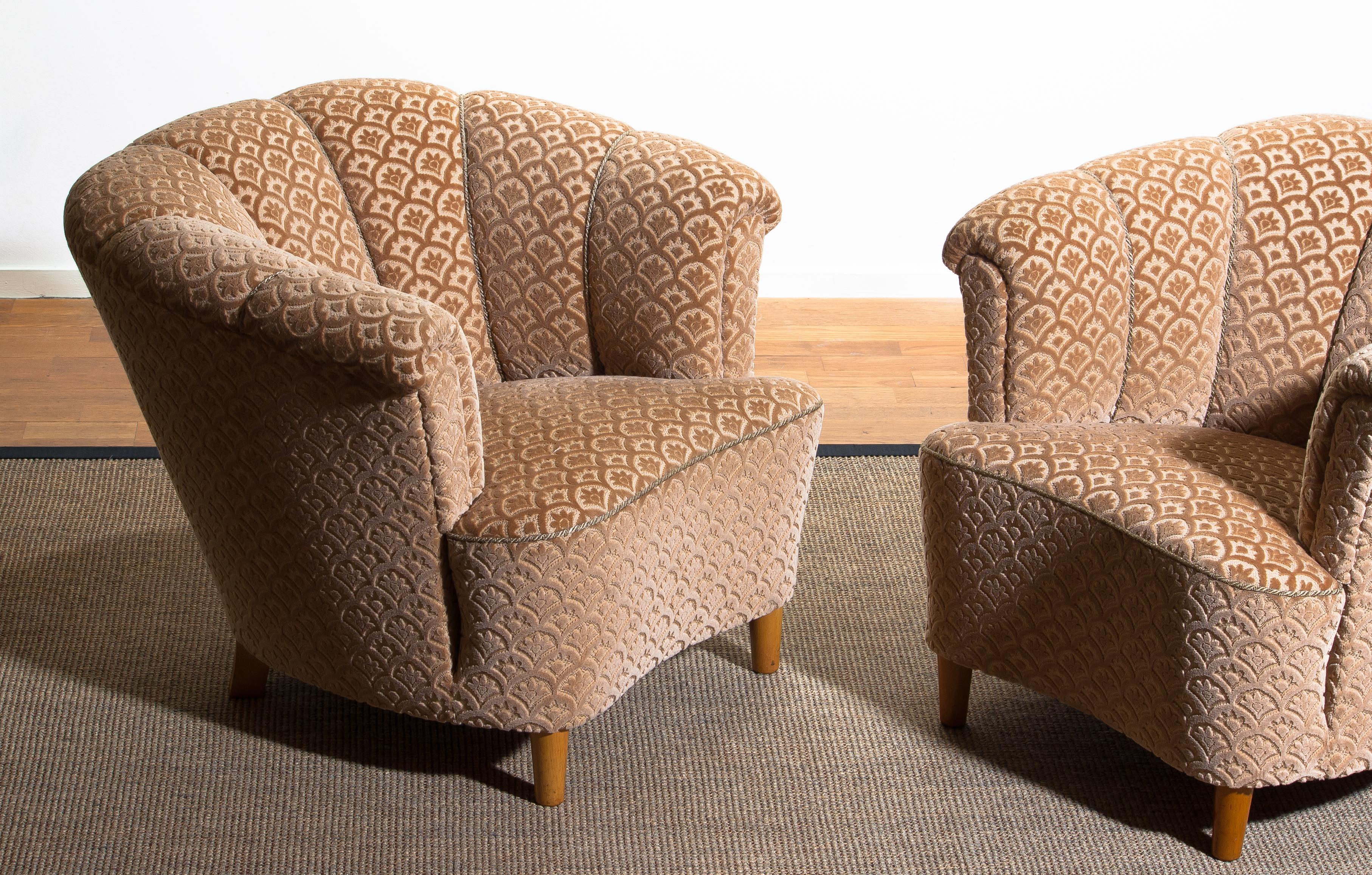 Mid-20th Century 1940s, Pair of Shell Back Club Lounge Cocktail Chairs from Sweden