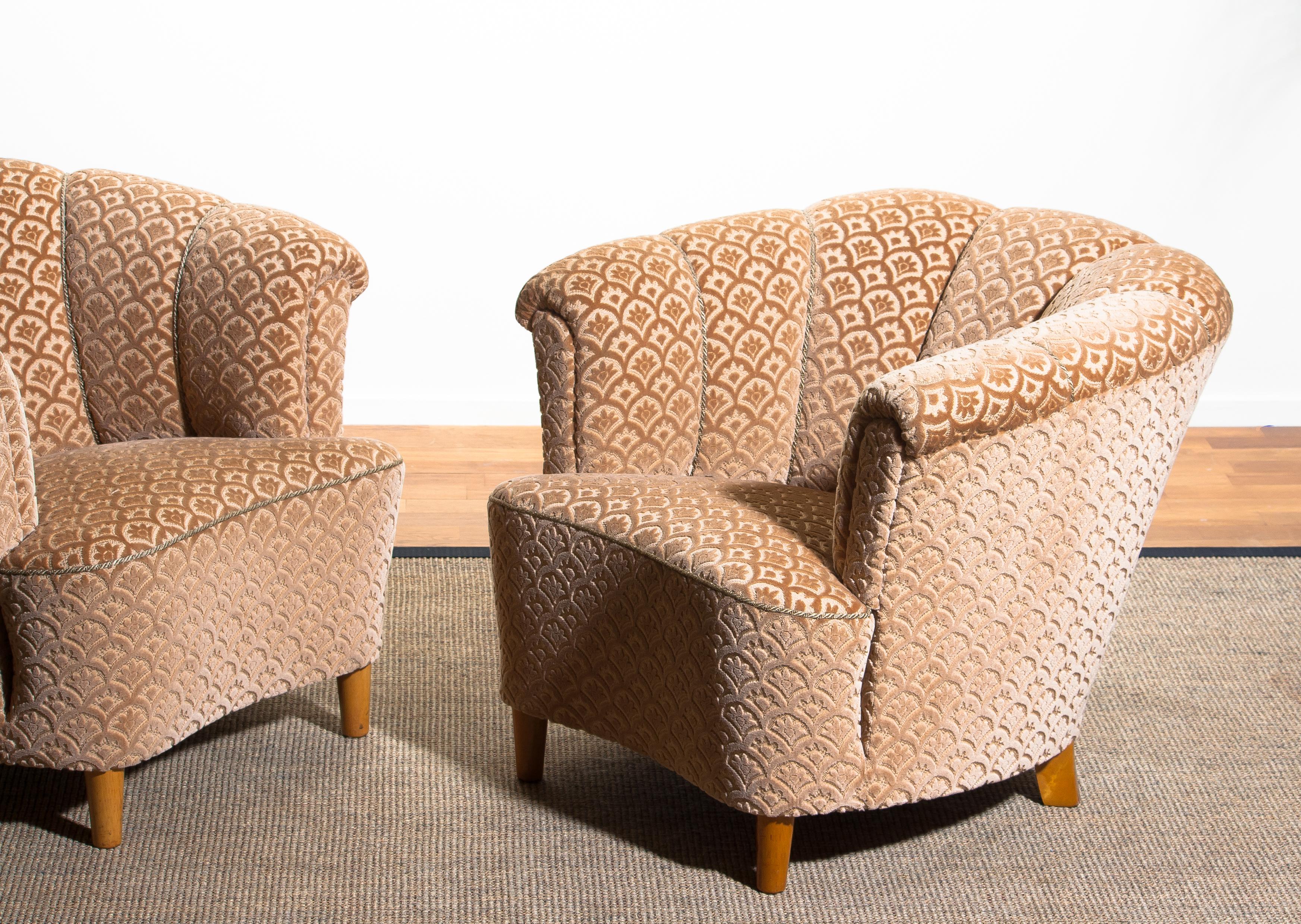 Velvet 1940s, Pair of Shell Back Club Lounge Cocktail Chairs from Sweden