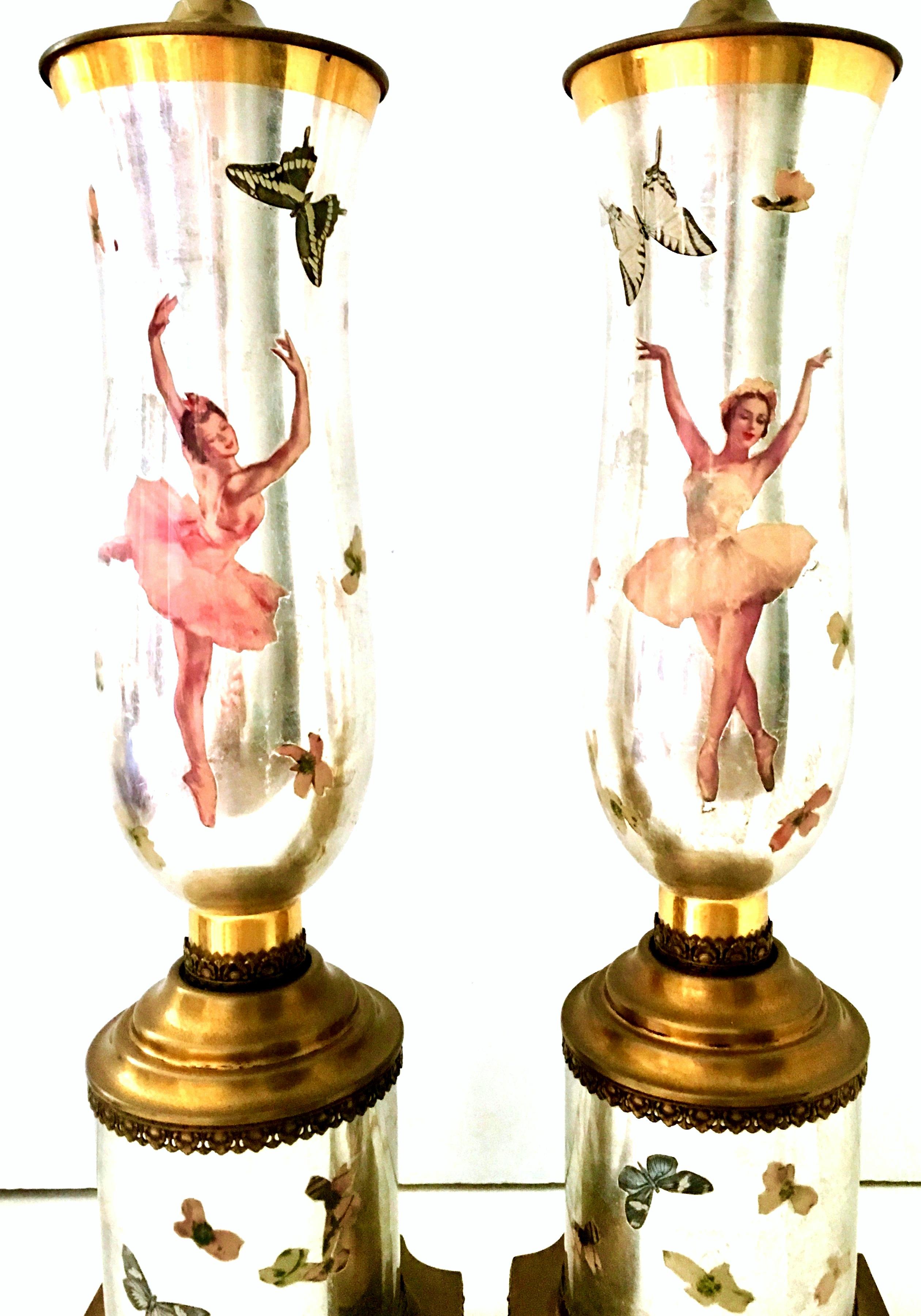American 1940'S Pair Of Silver Leaf Reverse Painted Art Glass Ballerina & Butterfly Lamps For Sale