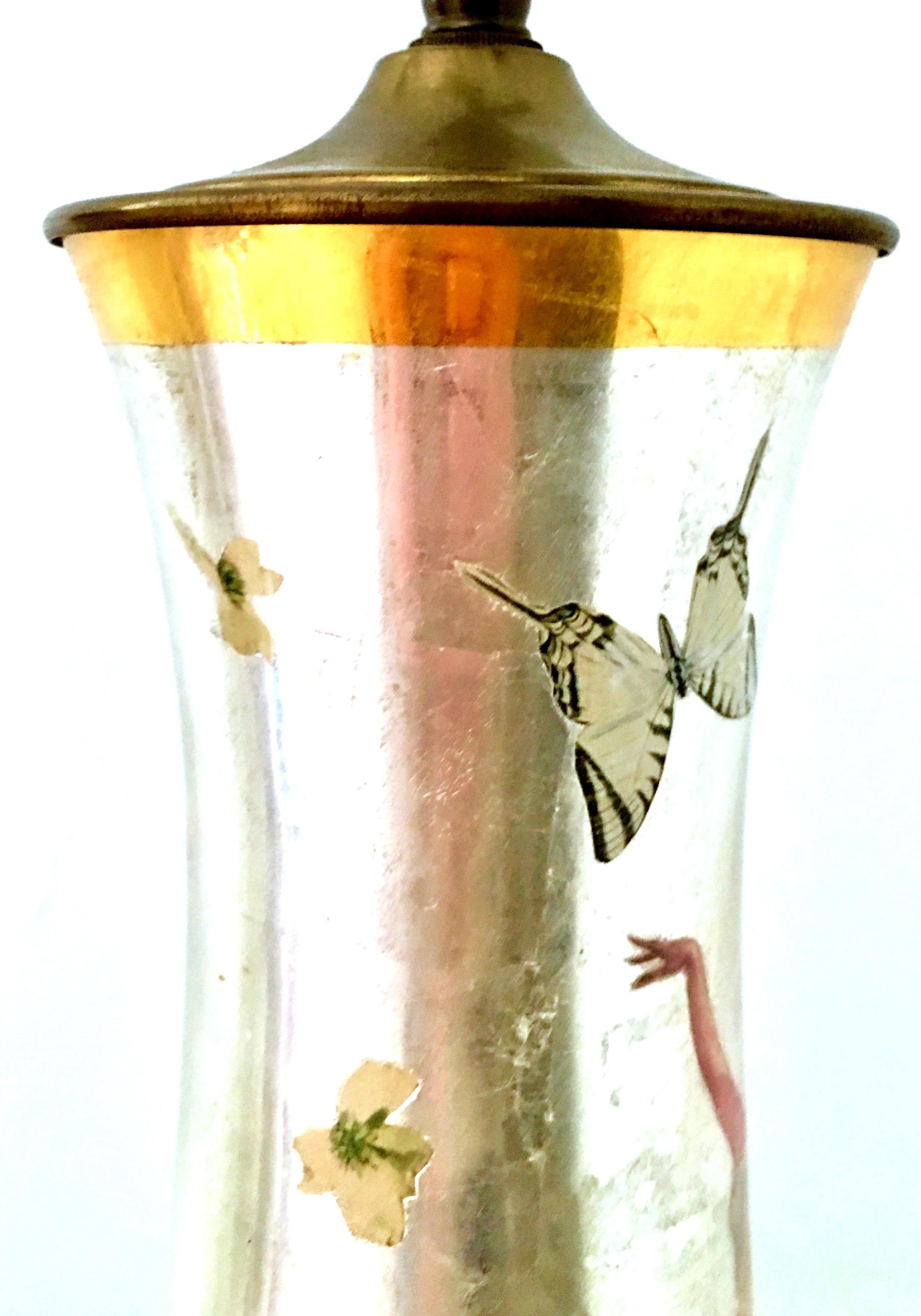 1940'S Pair Of Silver Leaf Reverse Painted Art Glass Ballerina & Butterfly Lamps For Sale 1