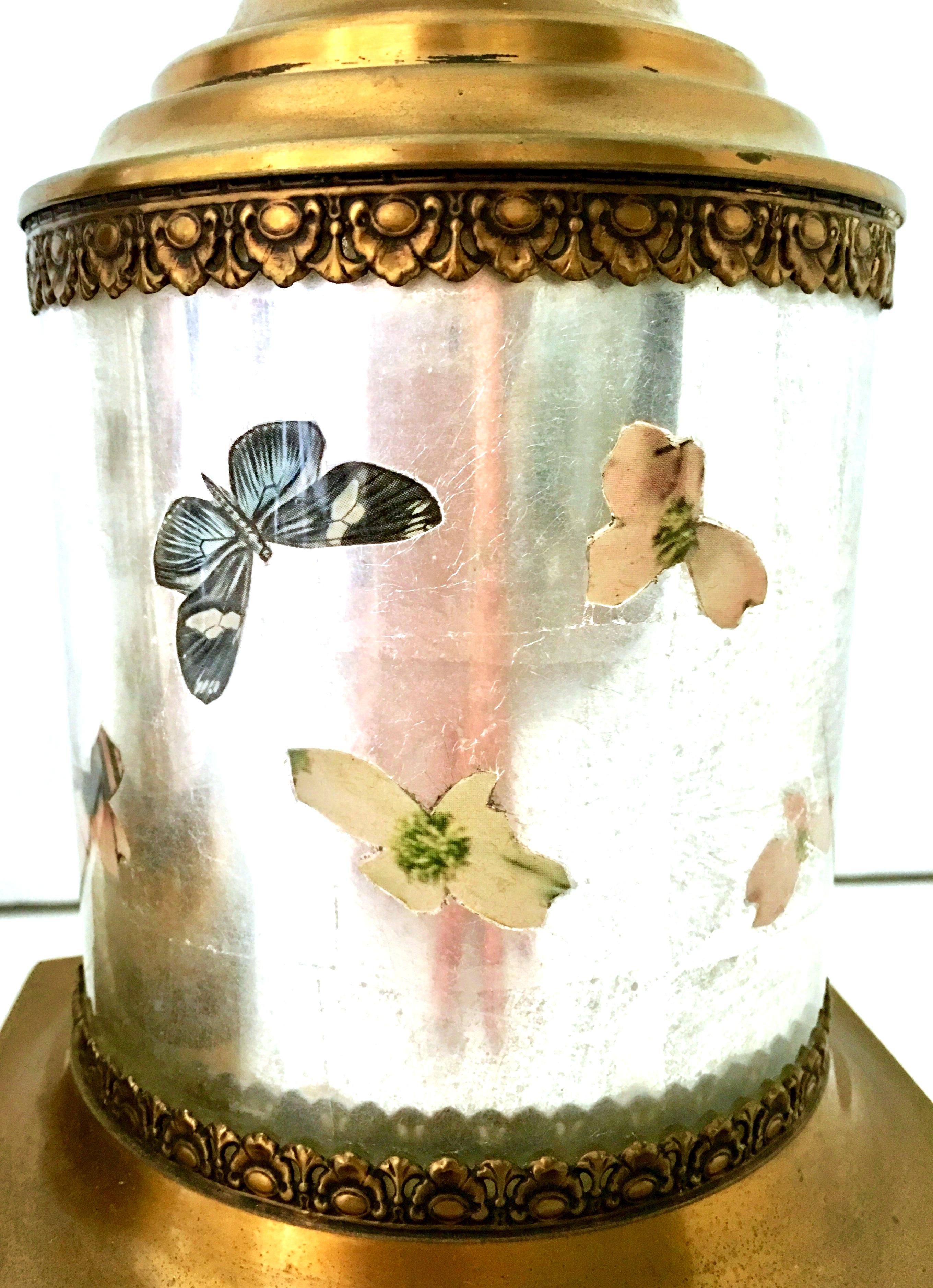 1940'S Pair Of Silver Leaf Reverse Painted Art Glass Ballerina & Butterfly Lamps For Sale 4