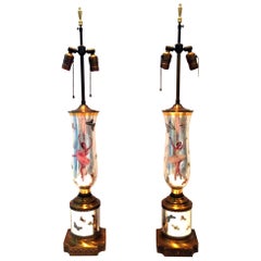 1940s Pair of Silver Leaf Reverse Painted Art Glass Ballerina & Butterfly Lamps