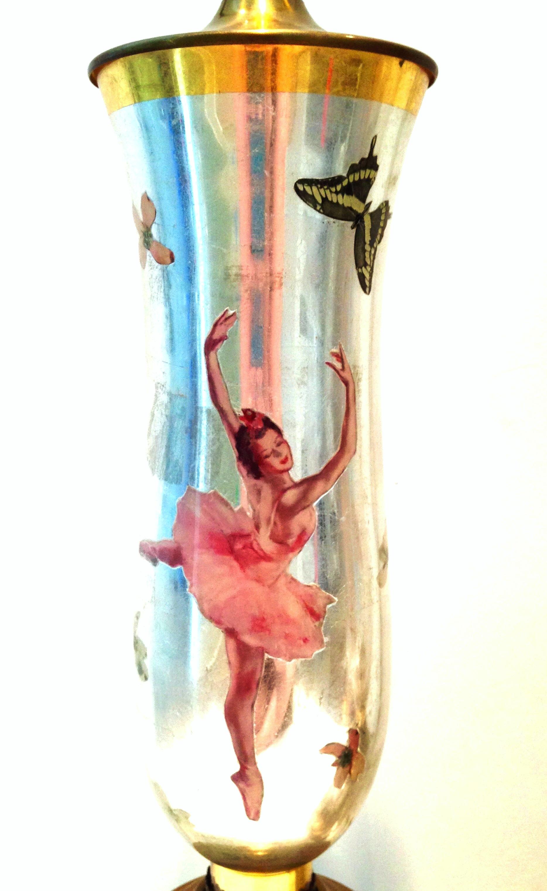 1940'S Pair Of Silver Leaf Reverse Painted Art Glass Ballerina & Butterfly Lamps In Good Condition For Sale In West Palm Beach, FL