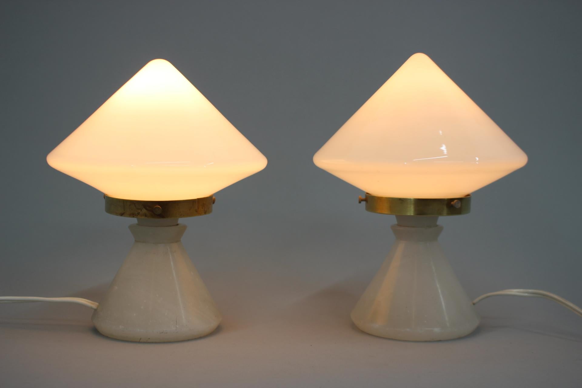Mid-20th Century 1940s Pair of Unique Art Deco Table Lamps with Alabaster Base, Czechoslovakia For Sale