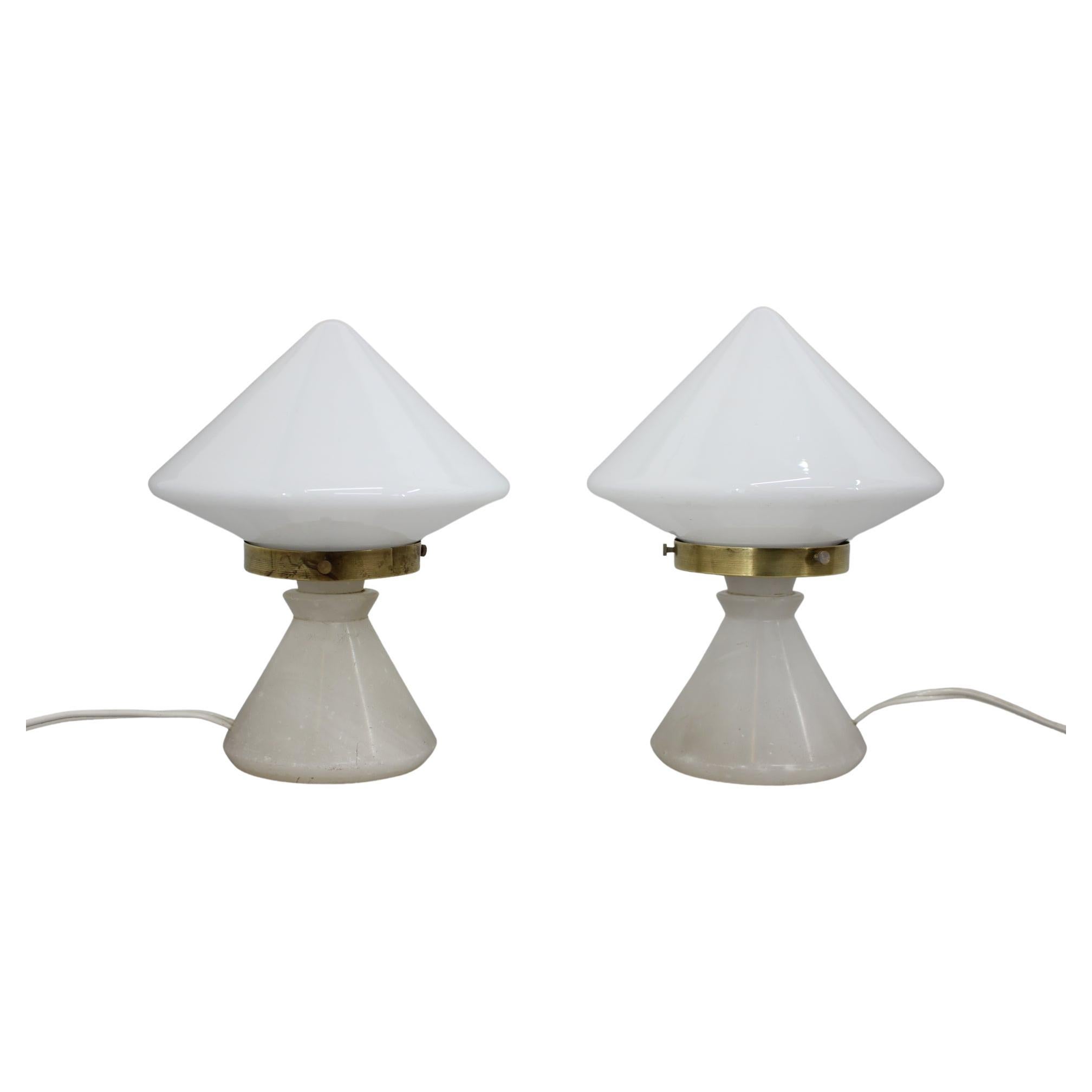 1940s Pair of Unique Art Deco Table Lamps with Alabaster Base, Czechoslovakia For Sale