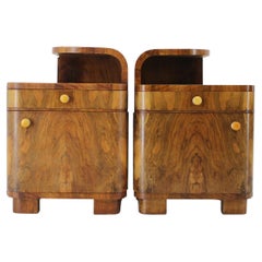 1940s Pair of Walnut Art Deco Bedside Tables, Czechoslovakia