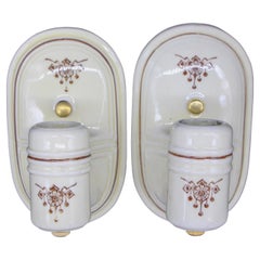 1940s Pair Oval White Porcelain Brown Floral Design Bathroom Sconces