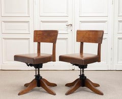 1940s, Pair Swedish Adjustable Oak Office Chairs With Leather Seats By SMV