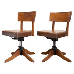 1940s, Pair Swedish Adjustable Oak Office Chairs With Leather Seats By SMV