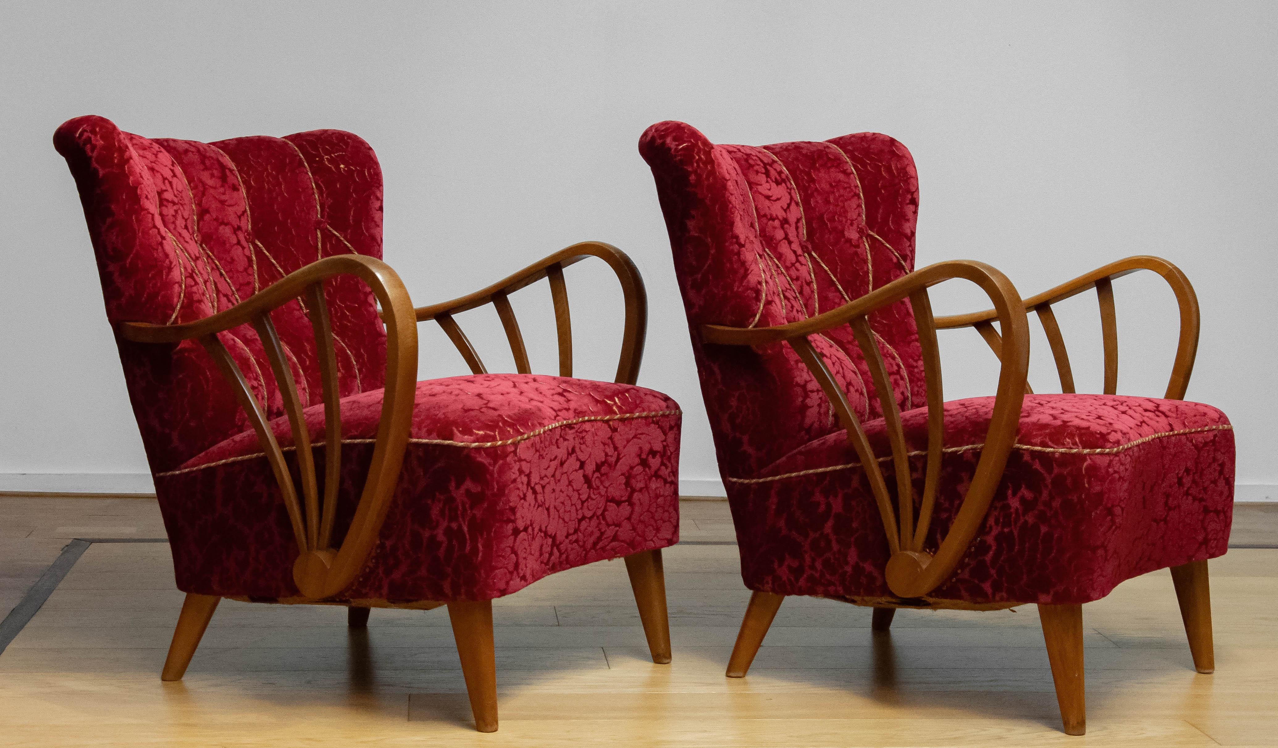 Coppia di poltrone svedesi Art Deco degli anni '40 con braccioli aperti a raggiera in Oak di Sternells In condizioni buone in vendita a Silvolde, Gelderland