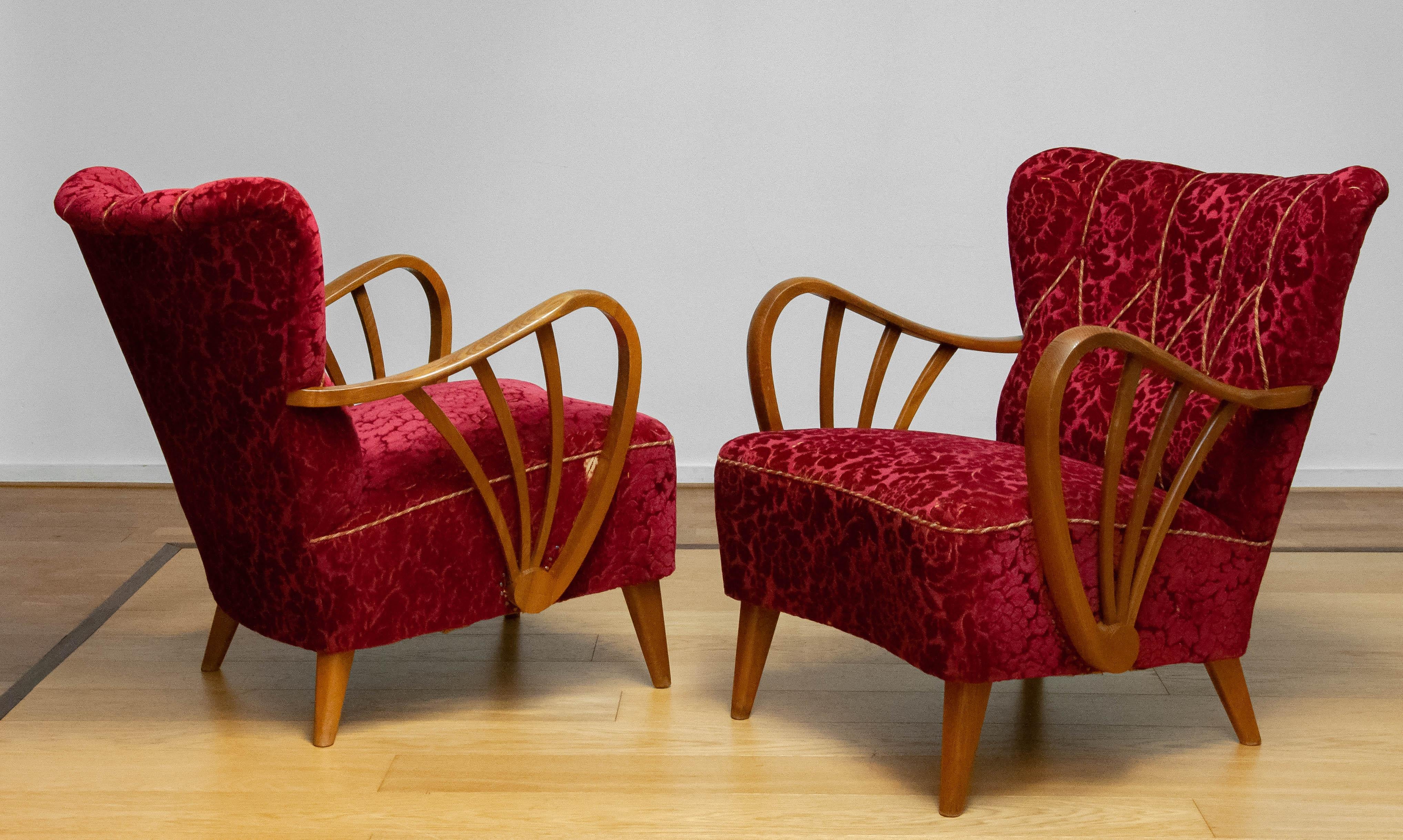 Coppia di poltrone svedesi Art Deco degli anni '40 con braccioli aperti a raggiera in Oak di Sternells in vendita 2