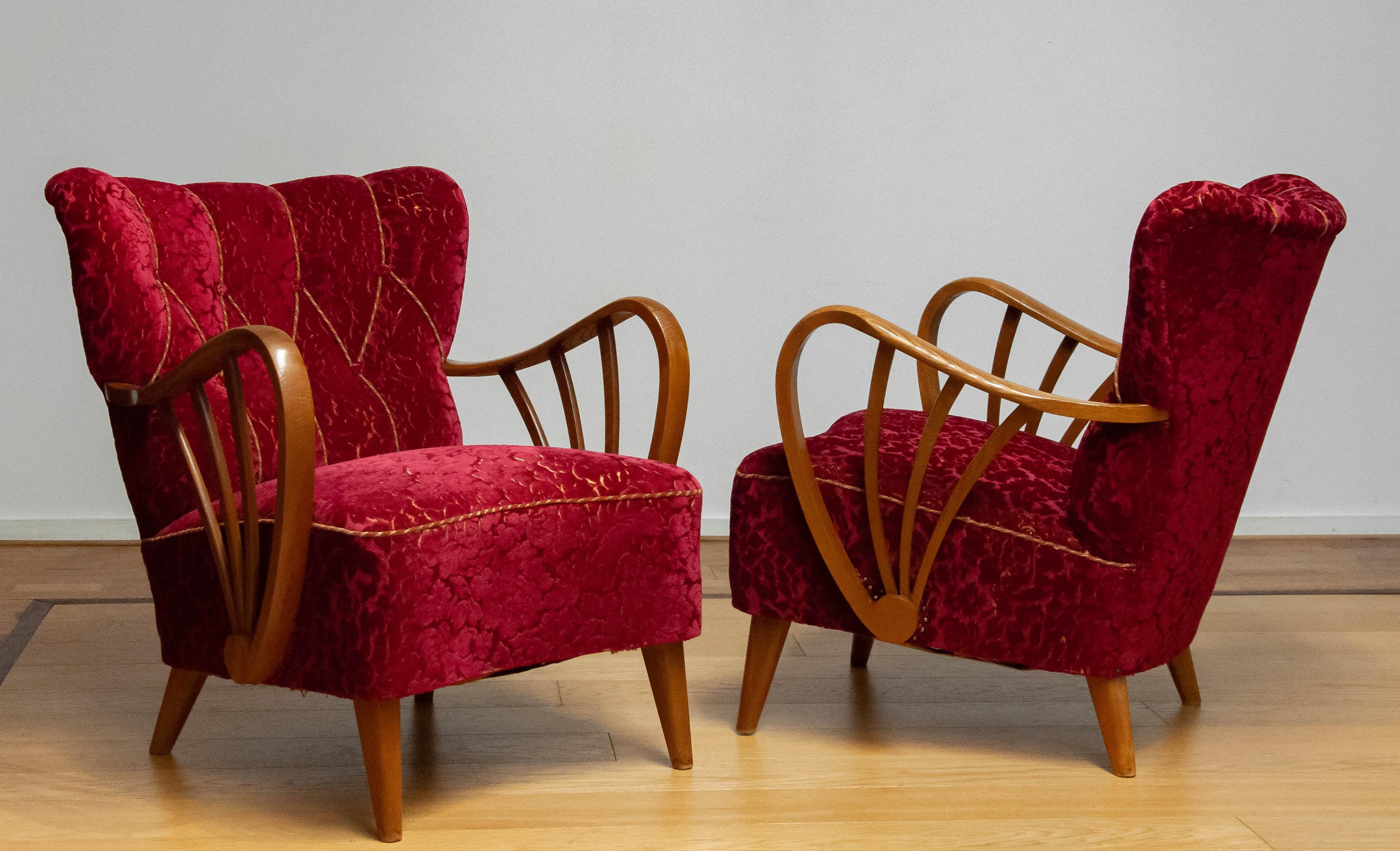 Coppia di poltrone svedesi Art Deco degli anni '40 con braccioli aperti a raggiera in Oak di Sternells in vendita 3