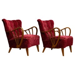 1940s Pair Swedish Art Deco Armchairs With Oak Spoked Open Armrests By Sternells