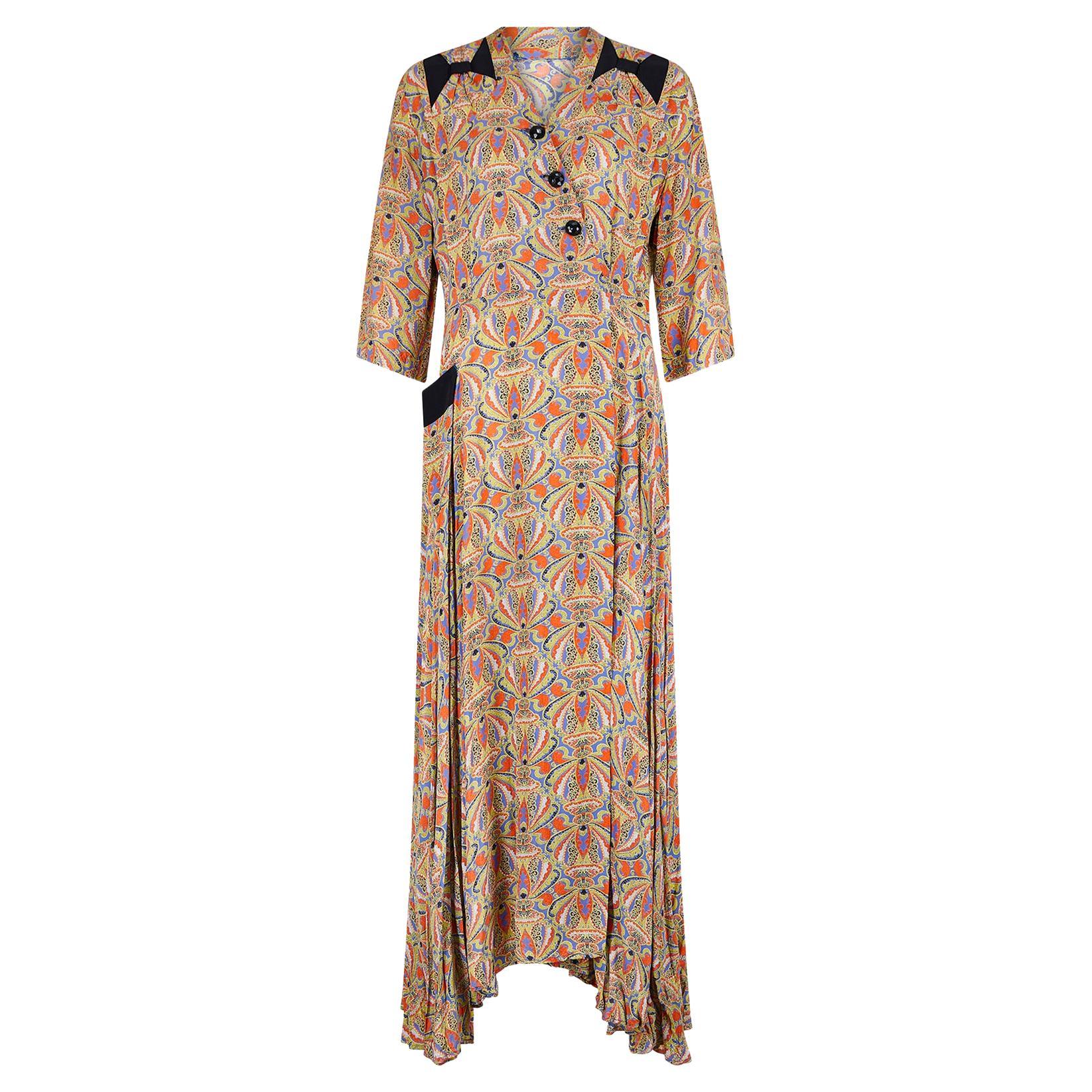 1940s Paisley Rayon Maxi Hostess Dress For Sale