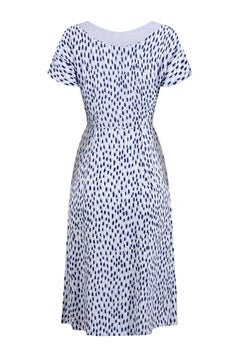 1940s Pale Blue Rayon Dress With Navy And White Pebble Print