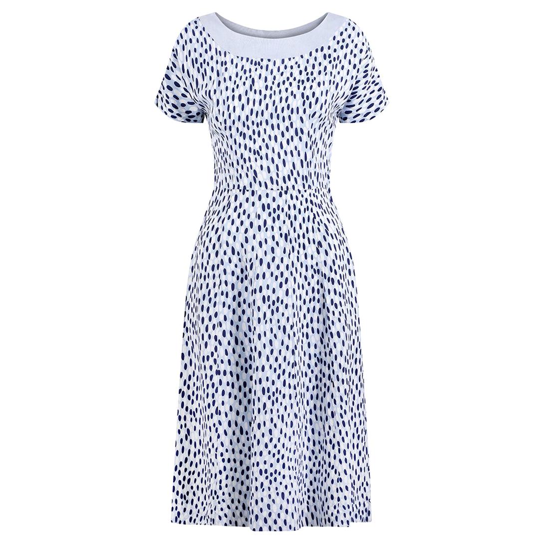 1940s Pale Blue Rayon Dress With Navy And White Pebble Print For Sale