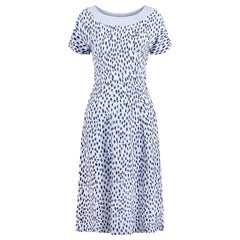 1940s Pale Blue Rayon Dress With Navy And White Pebble Print