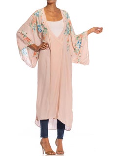 1940S Pale Pink & Pastels Rayon Japanese Floral Print Kimono