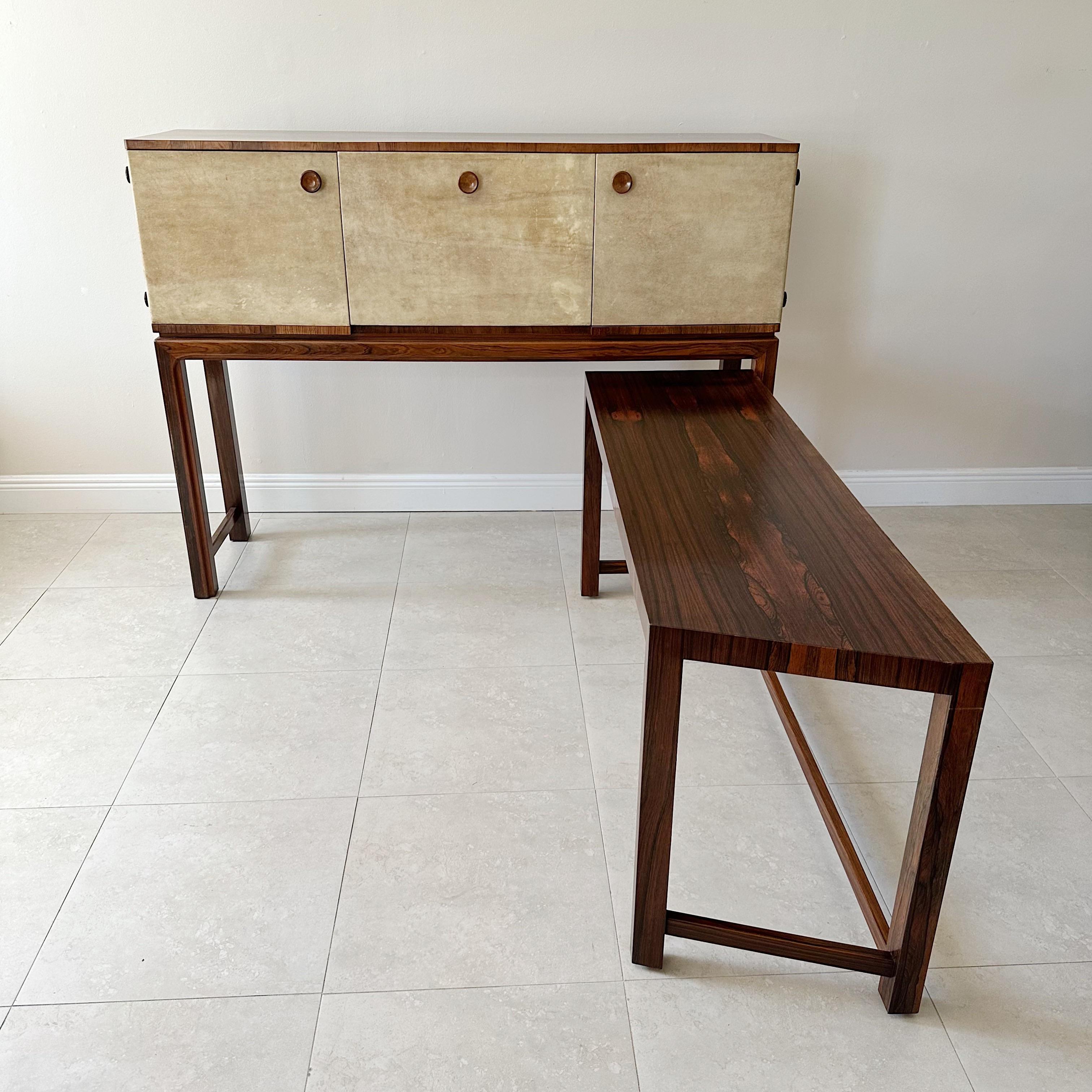 American 1940s Parchment and Rosewood Chest on Stand with Roll Out Table