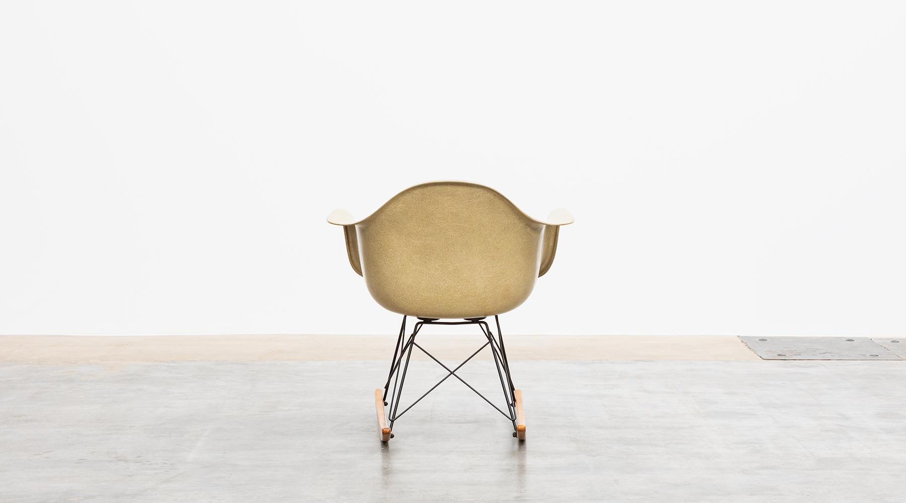 Birch 1940s Parchment Color Fiberglass Shell RAR Rocking Chair by Charles & Ray Eames For Sale
