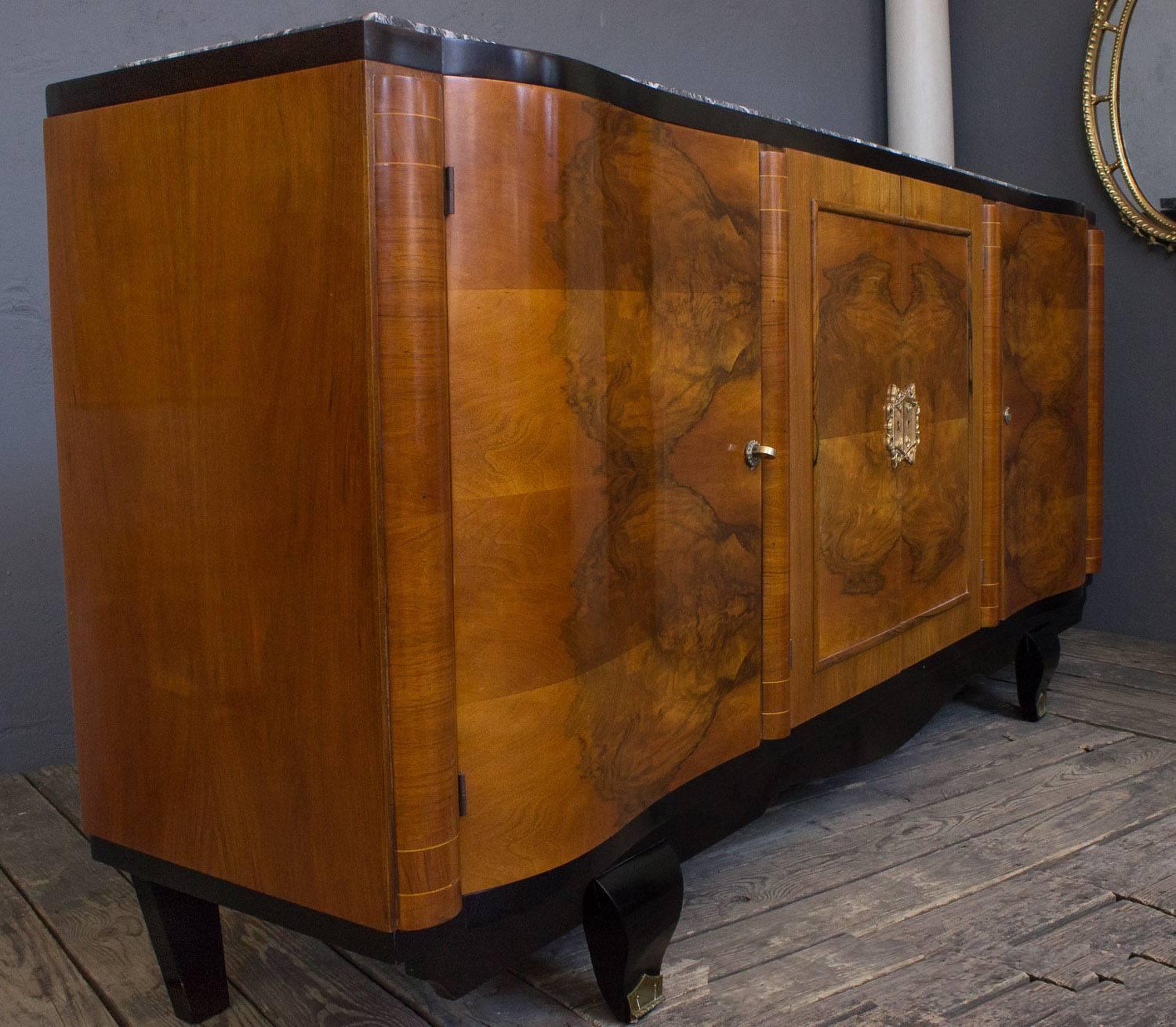 French 1940s Parisian Walnut Sideboard with Original Marble Surface