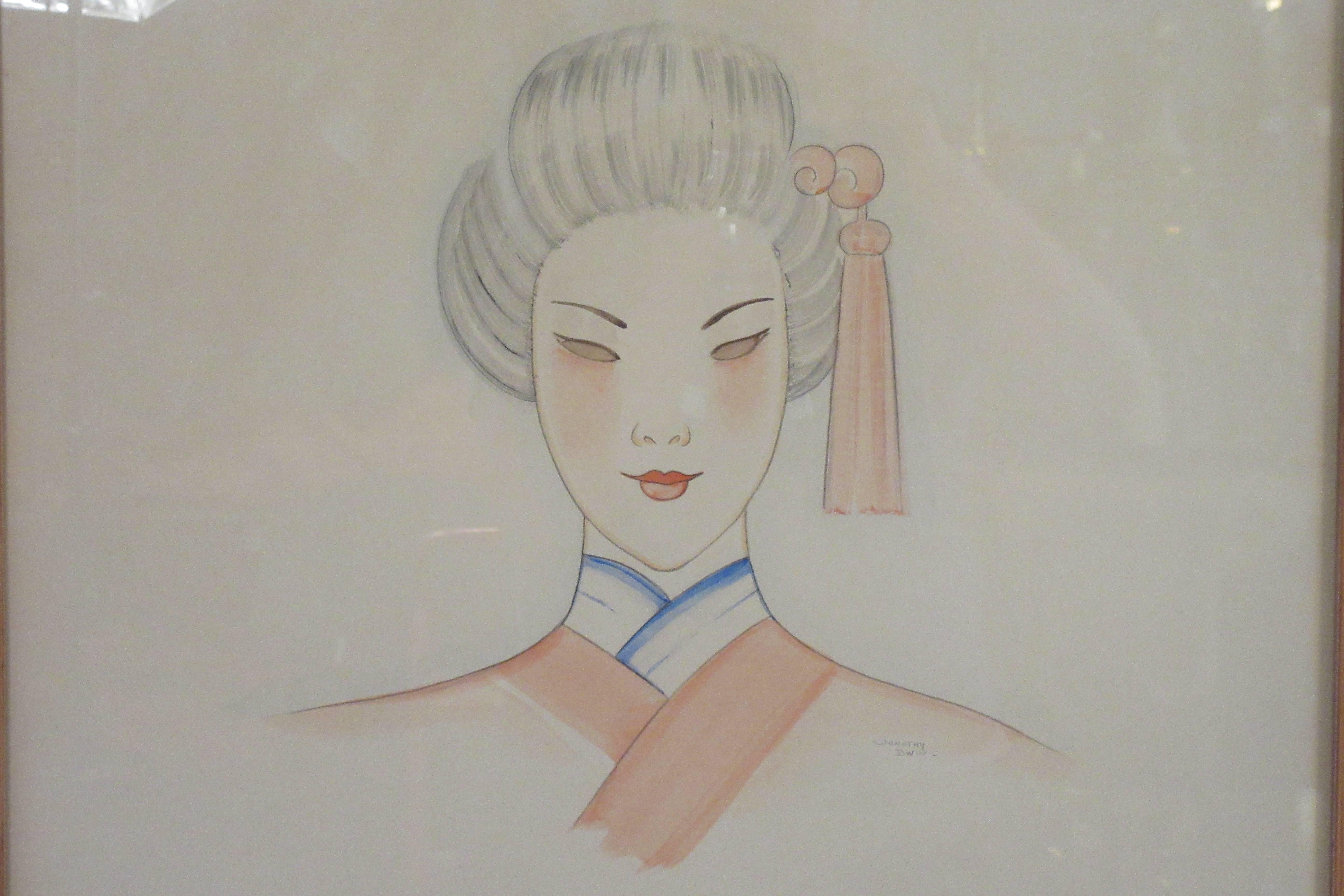 Peinture au pastel des années 1940 sur papier d'une femme asiatique signée Dorothy Dwin
Illustration
Cadre en bois et verre
Couleurs : rose, bleu, blanc