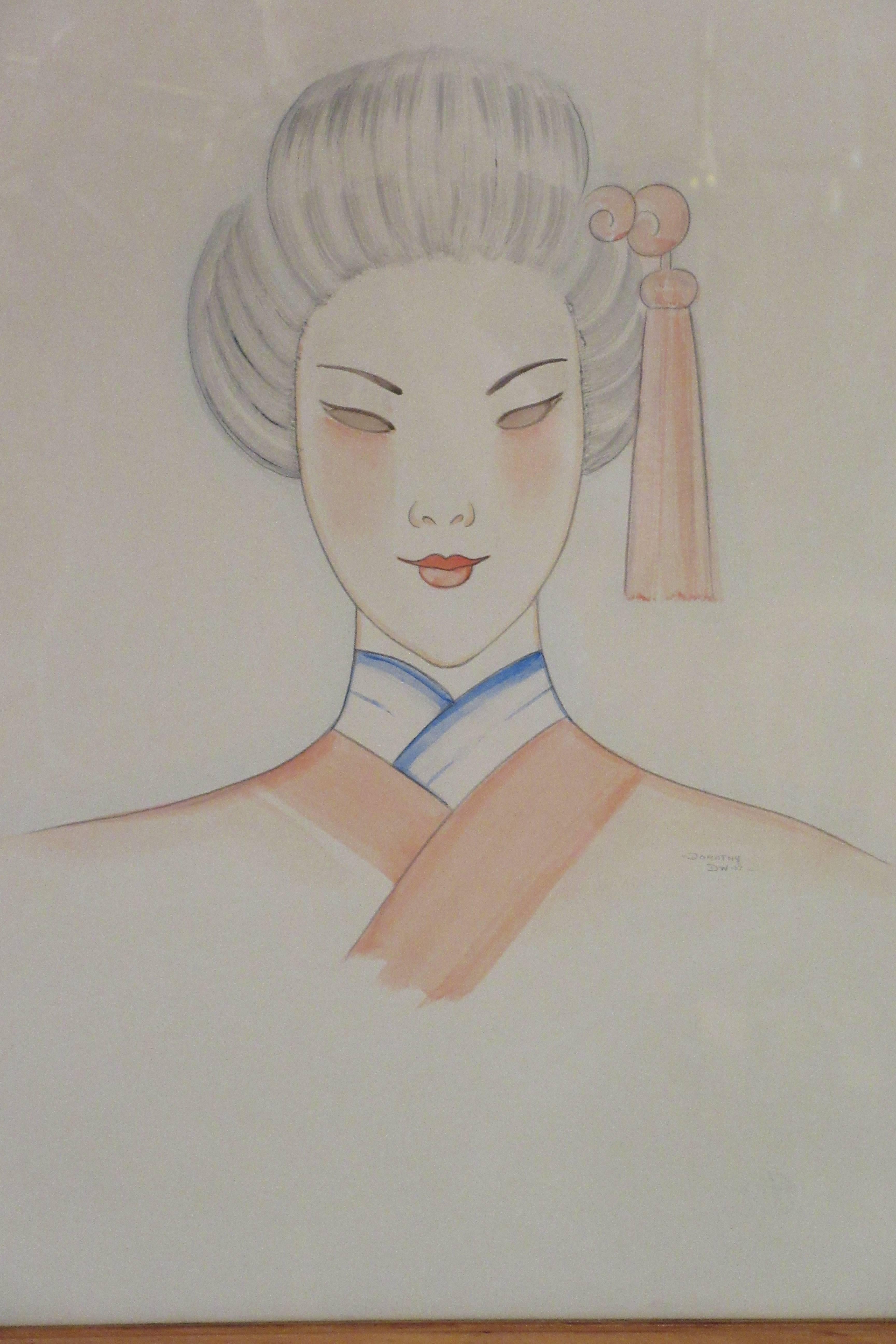 Hand-Painted 1940s Pastel Painting On Paper Of Asian Woman Signed Dorothy Dwin For Sale