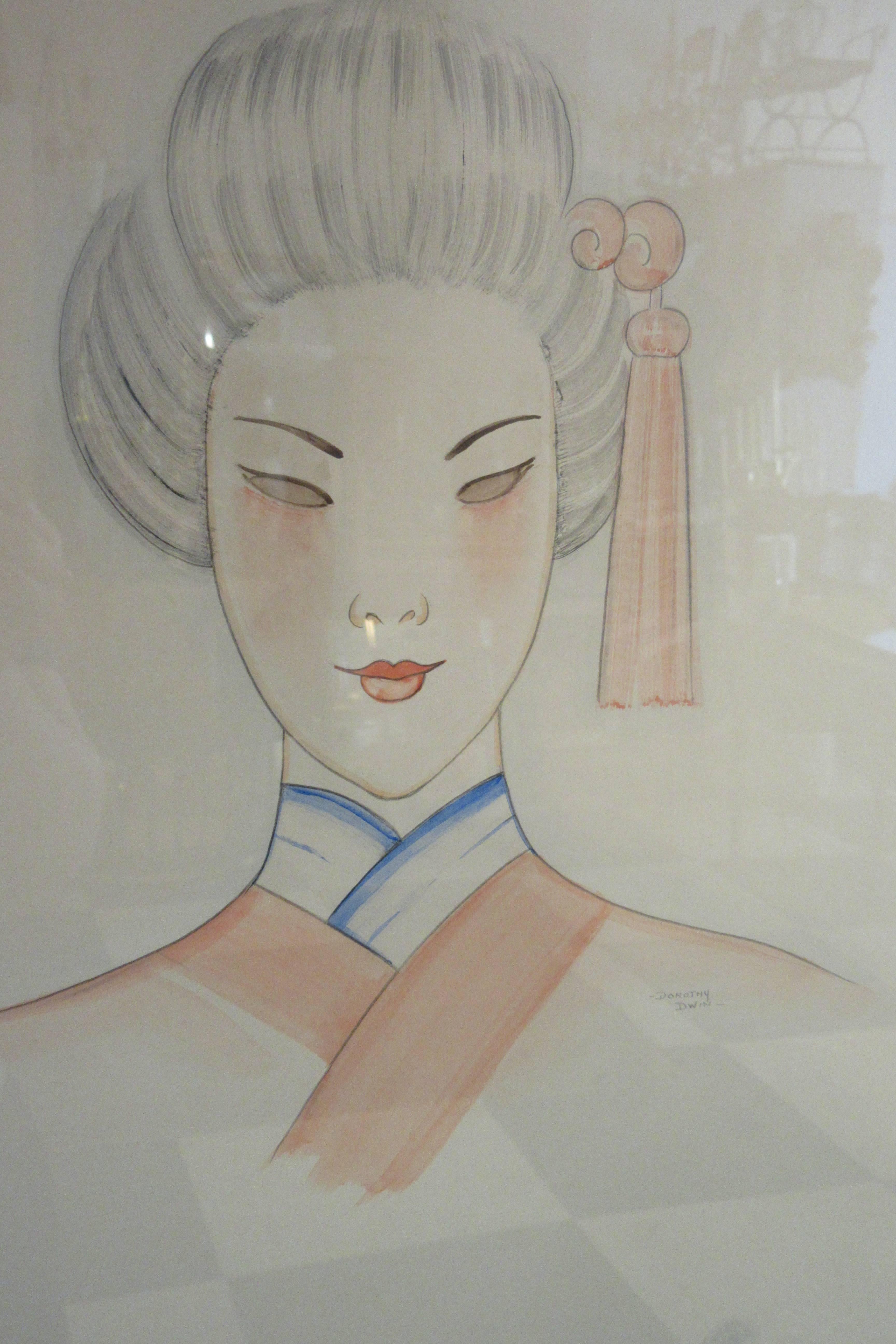 1940s Pastel Painting On Paper Of Asian Woman Signed Dorothy Dwin In Good Condition For Sale In Tarrytown, NY