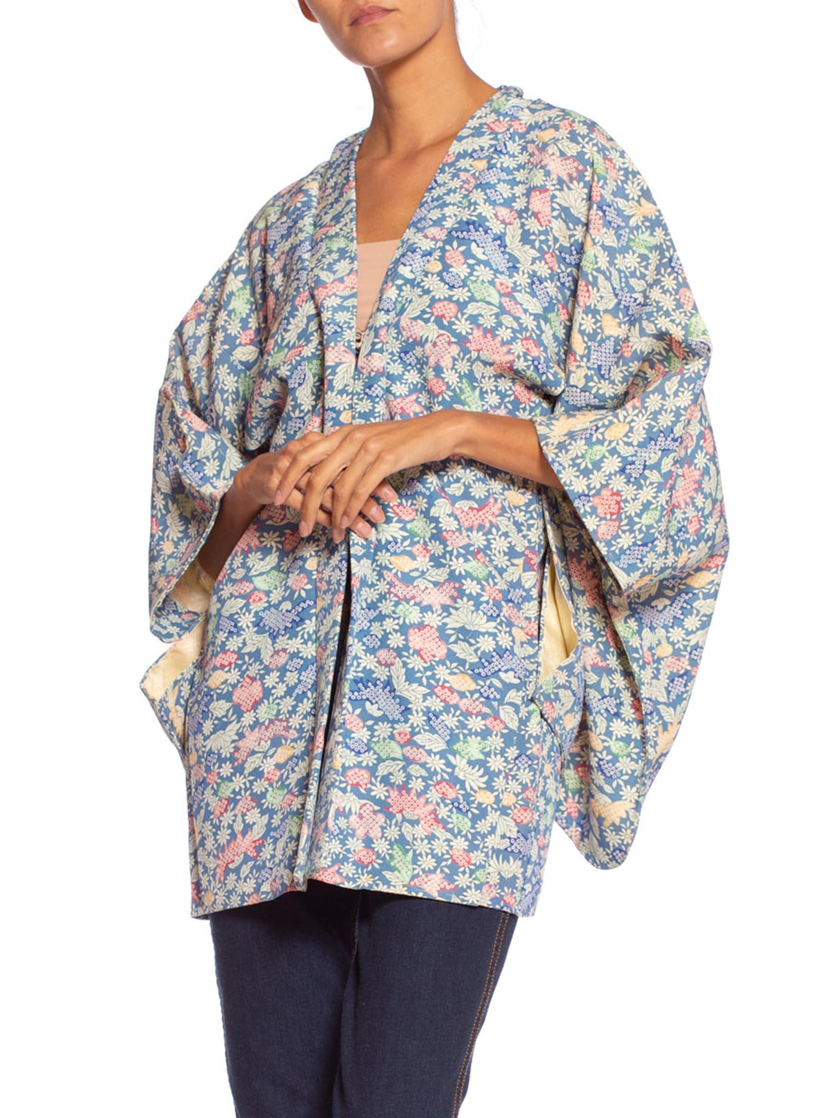1940'S Baby Blue Floral Silk Handmade Kimono 1