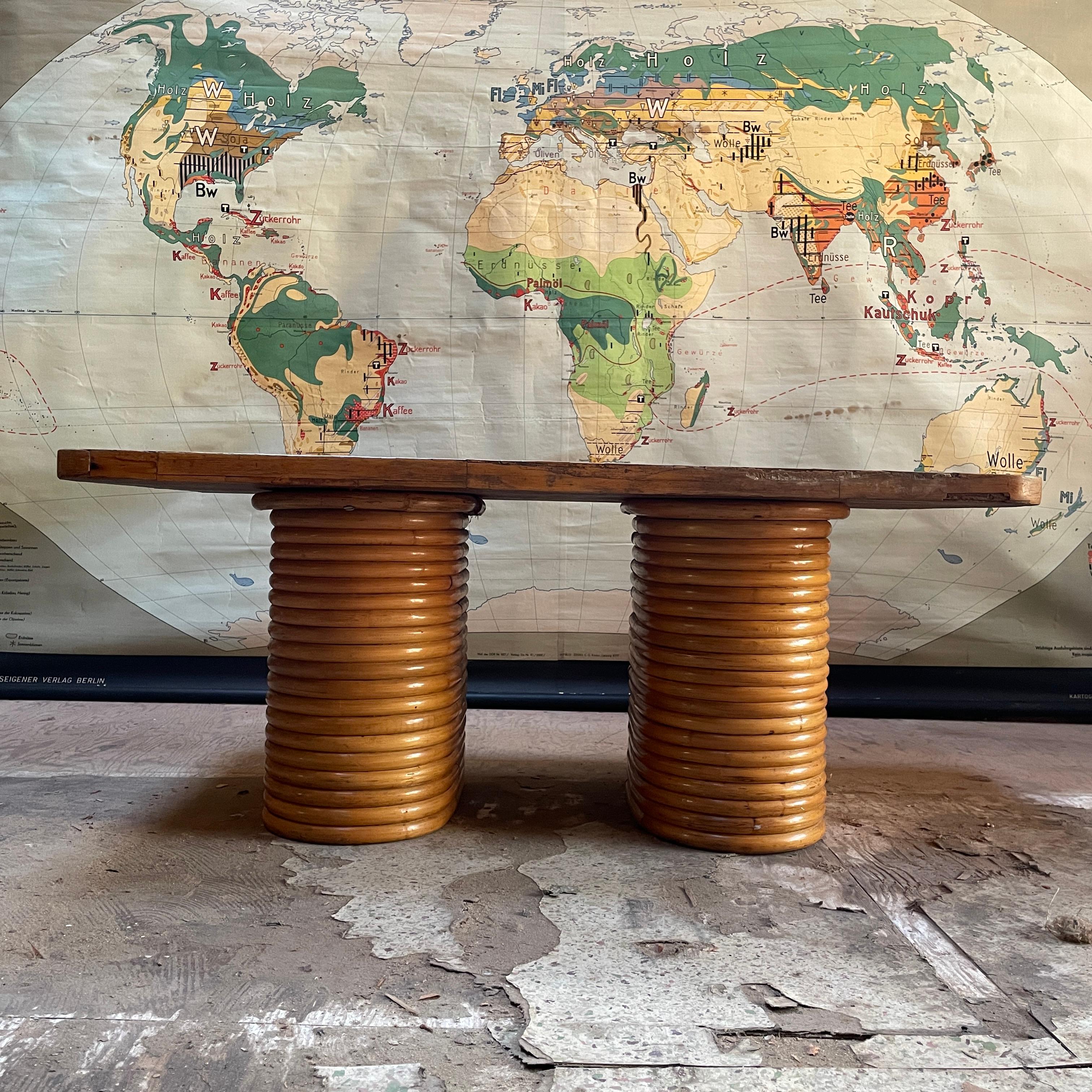 1940s Paul Frankl Attributed Rattan + Bamboo Stacked Pretzel Coffee Table Patina For Sale 2