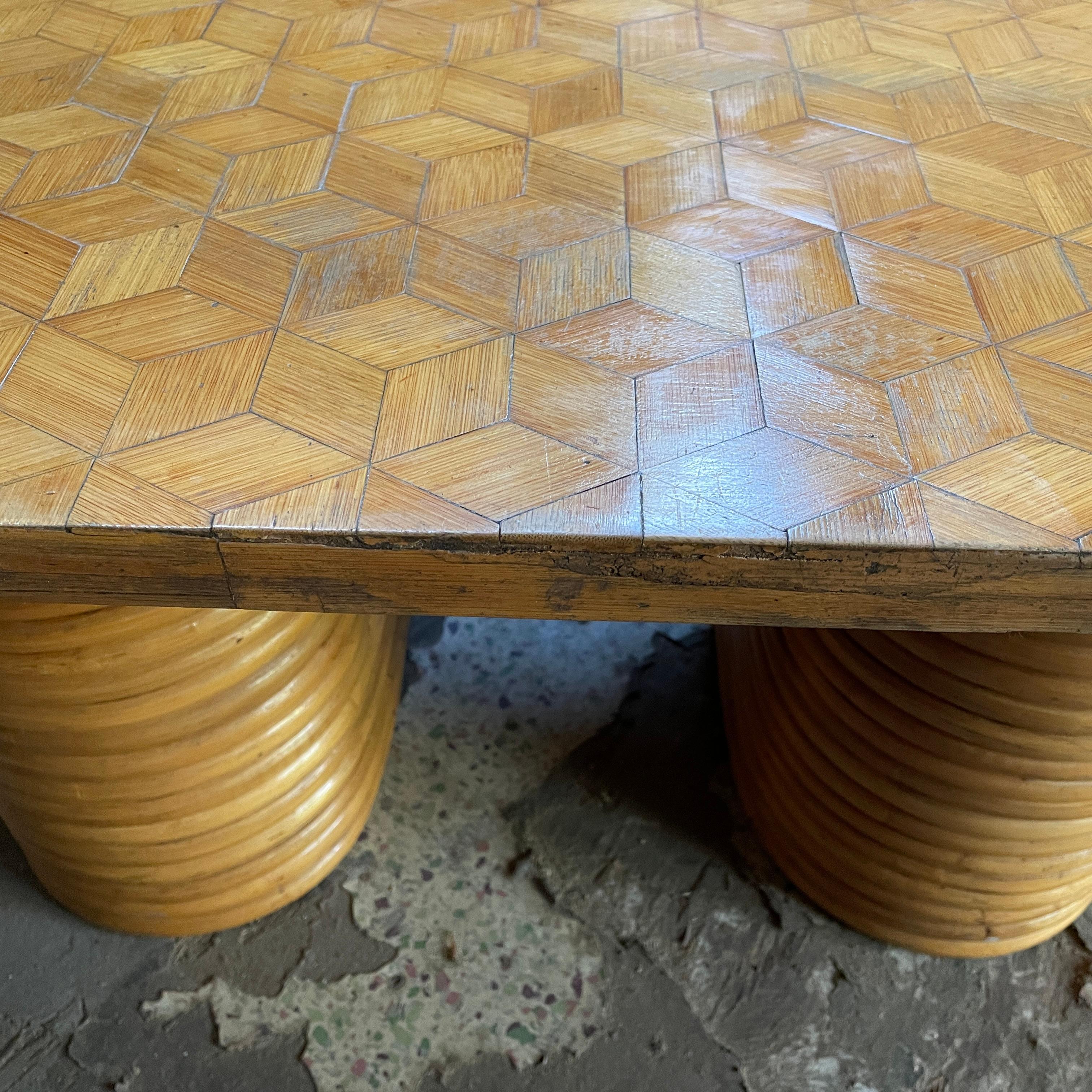 1940s Paul Frankl Attributed Rattan + Bamboo Stacked Pretzel Coffee Table Patina For Sale 3