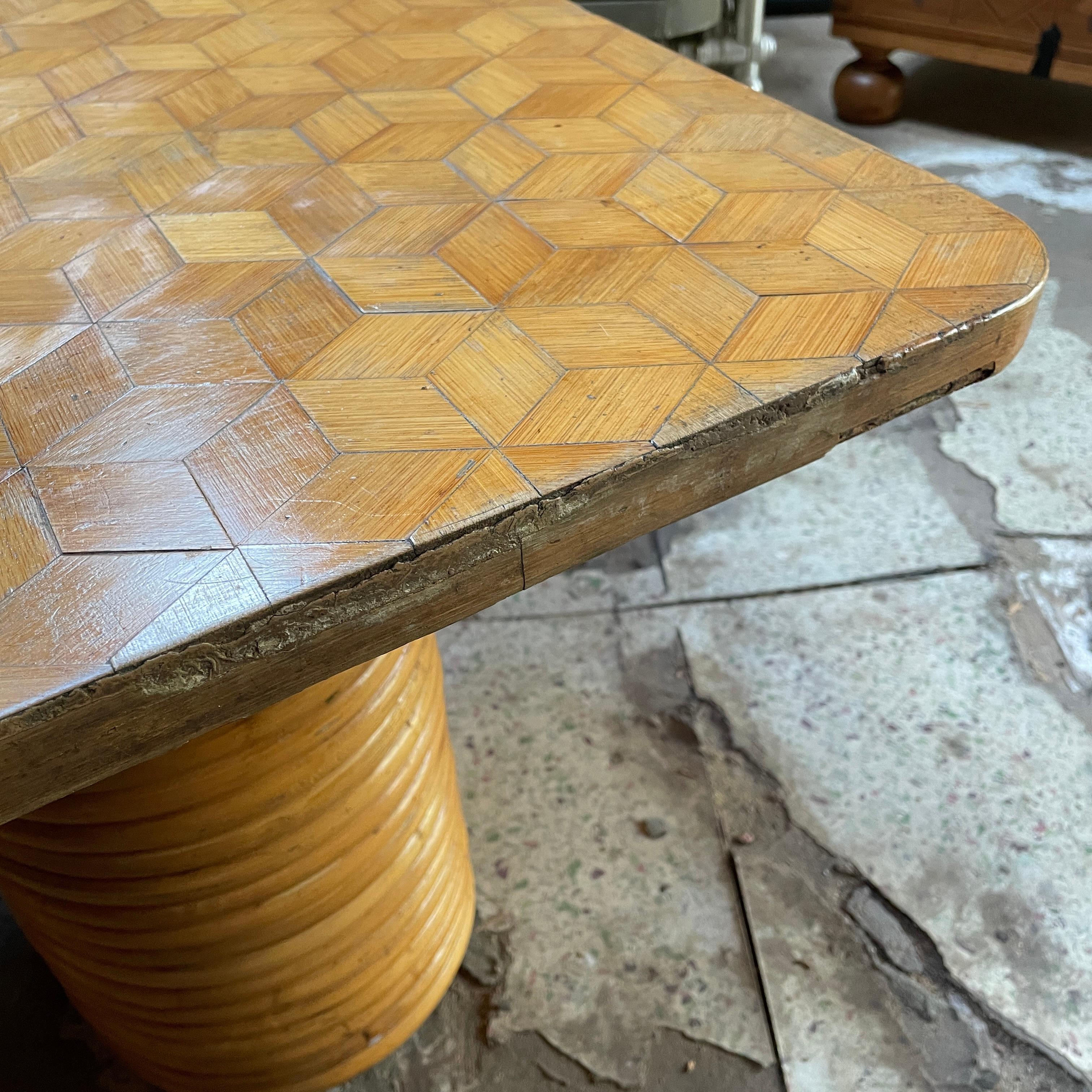 1940s Paul Frankl Attributed Rattan + Bamboo Stacked Pretzel Coffee Table Patina For Sale 4